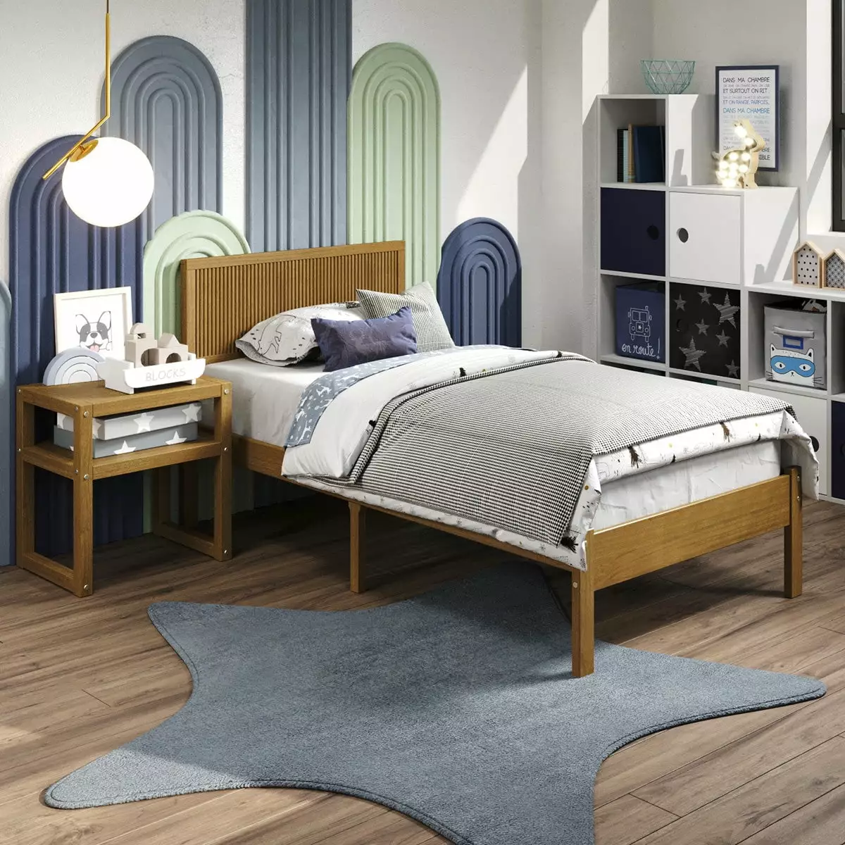P'kolino Reeded Wood Twin Bed Frame Headboard Natural Oak Kids and Teens