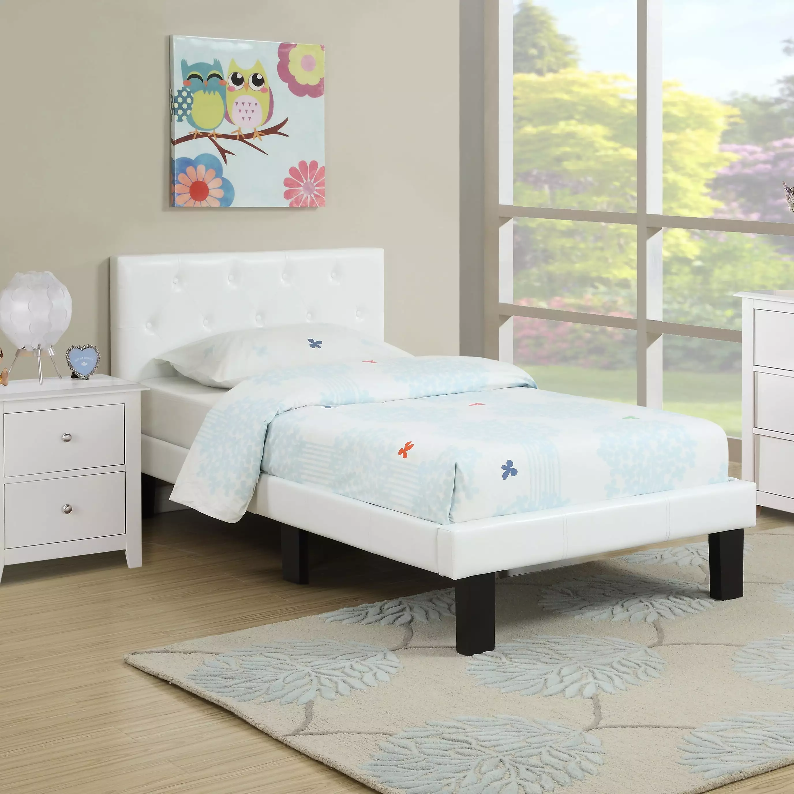 Saltoro Sherpi Faux Leather Upholstered Twin Bed Tufted Headboard White Modern Bedroom Furniture Poundex