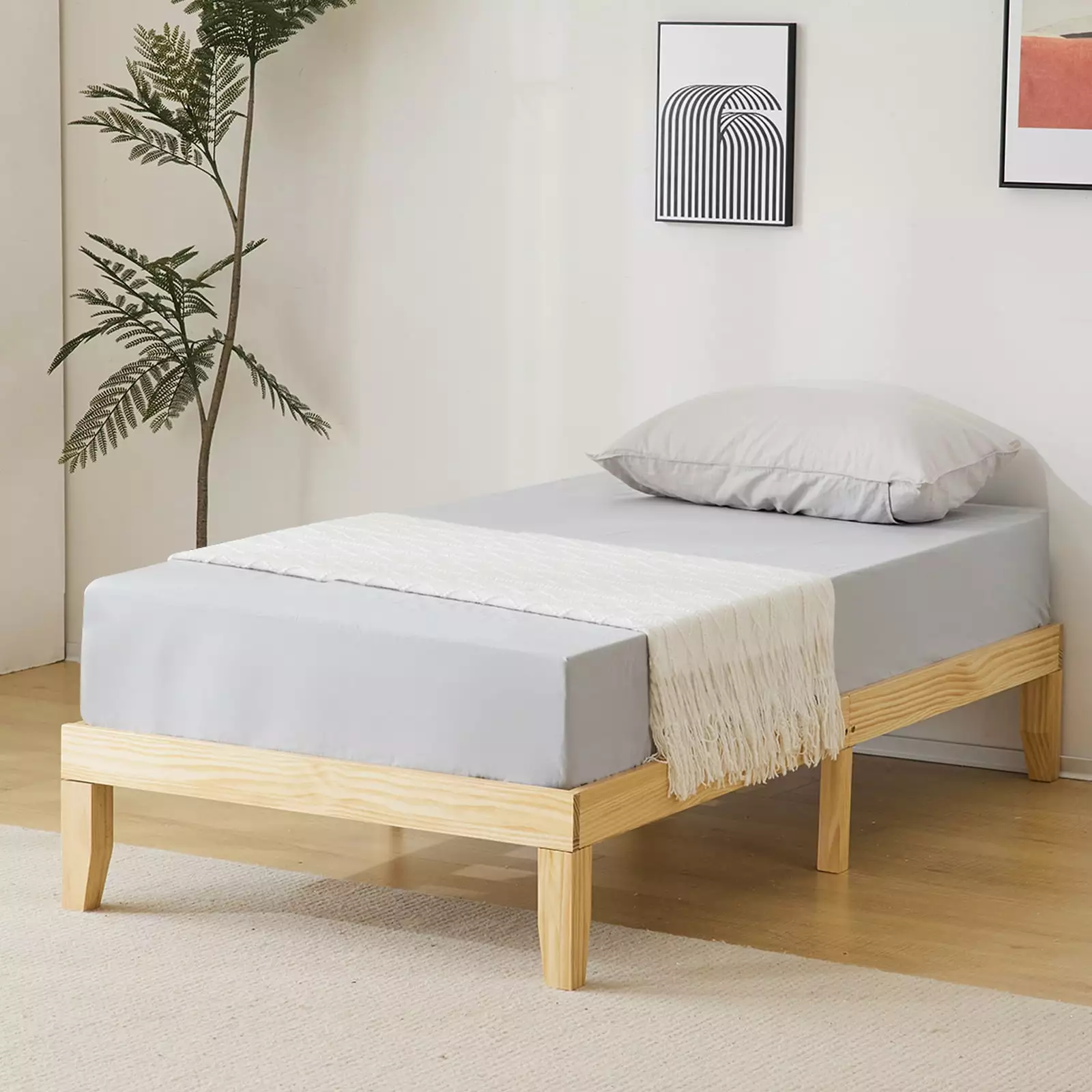 Samyohome Bed Frame Wood Twin Size Bed 74x37x12 Kids and Adults Natural Wood