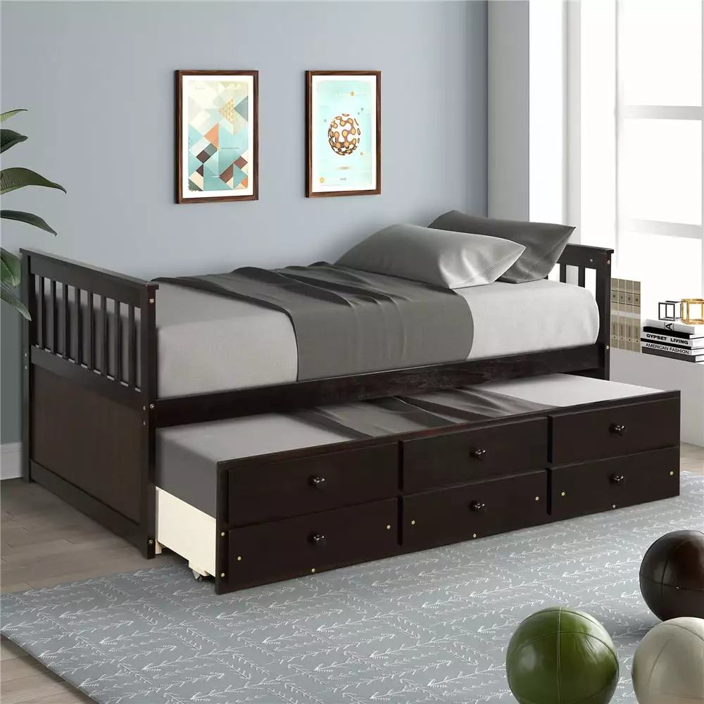 Twin Size Platform Bed Trundle and 3 Storage Drawers - Heavy Duty Wood Slat Support Captain's Bed Segmart