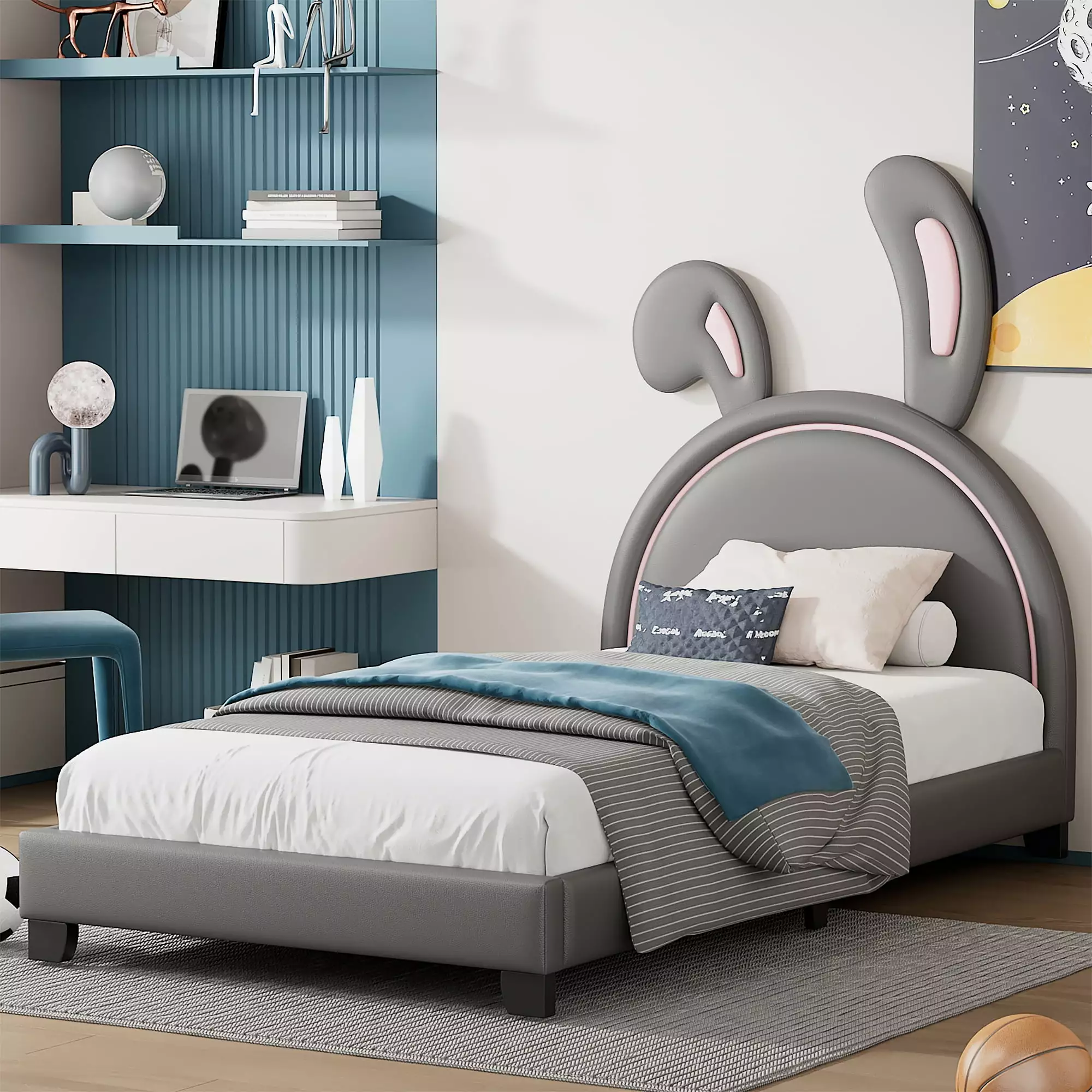Sesslife Twin Bed Kids Toddlers Upholstered Leather Platform Bed Rabbit Ornament Gray