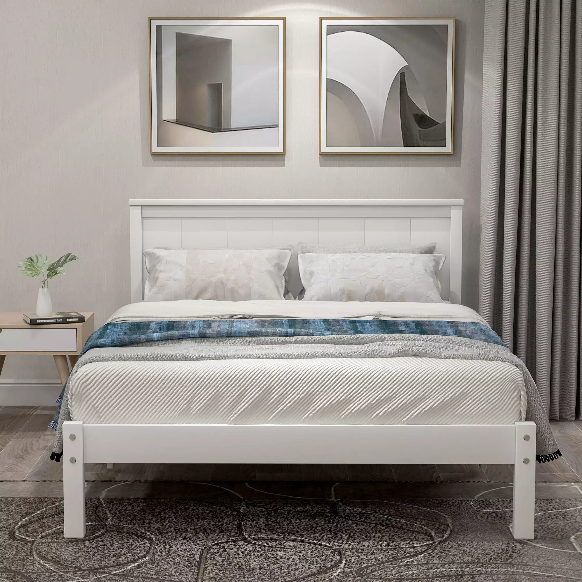 SYNGAR Twin Bed Frame Headboard Solid Pine Wood Bed Frame Wood Slats Supported Platform Bed Frame No Box Spring Needed White