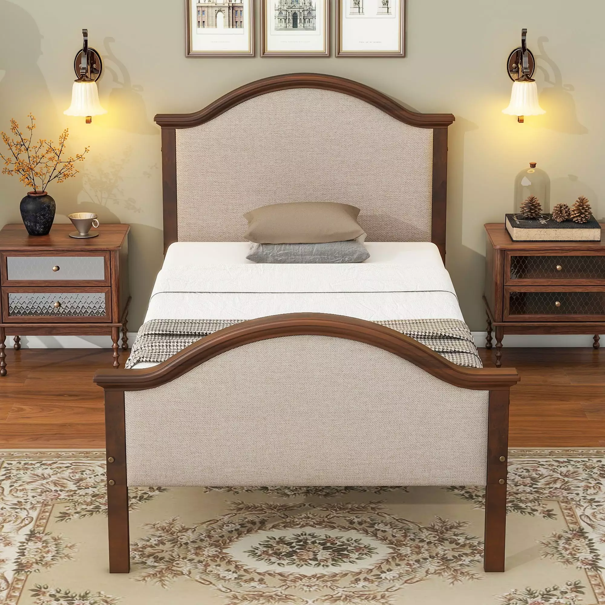 SYNGAR Twin Bed Frame Upholstered Headboard and Footboard - 9 Under Bed Storage Spaces