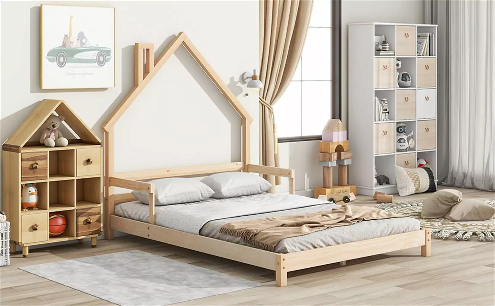 Lovely Kid's Bed Houtilize-Shaped Headboard and Handrails Wood Floor Twin Bed Girls Boys Teens Grey THOWDEE