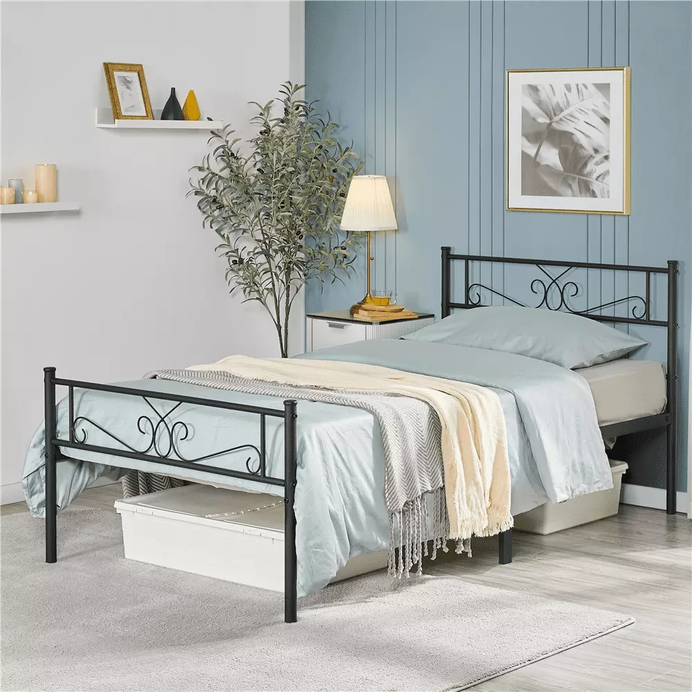 Topeakmart Twin Size Metal Platform Bed Frame Headboard and Footboard Black