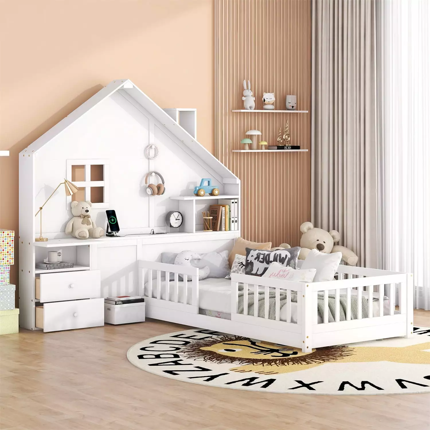 Twin Floor Bed Kids Shelves and USB Ports - Montessori Wooden Bed Frame Triple Tree