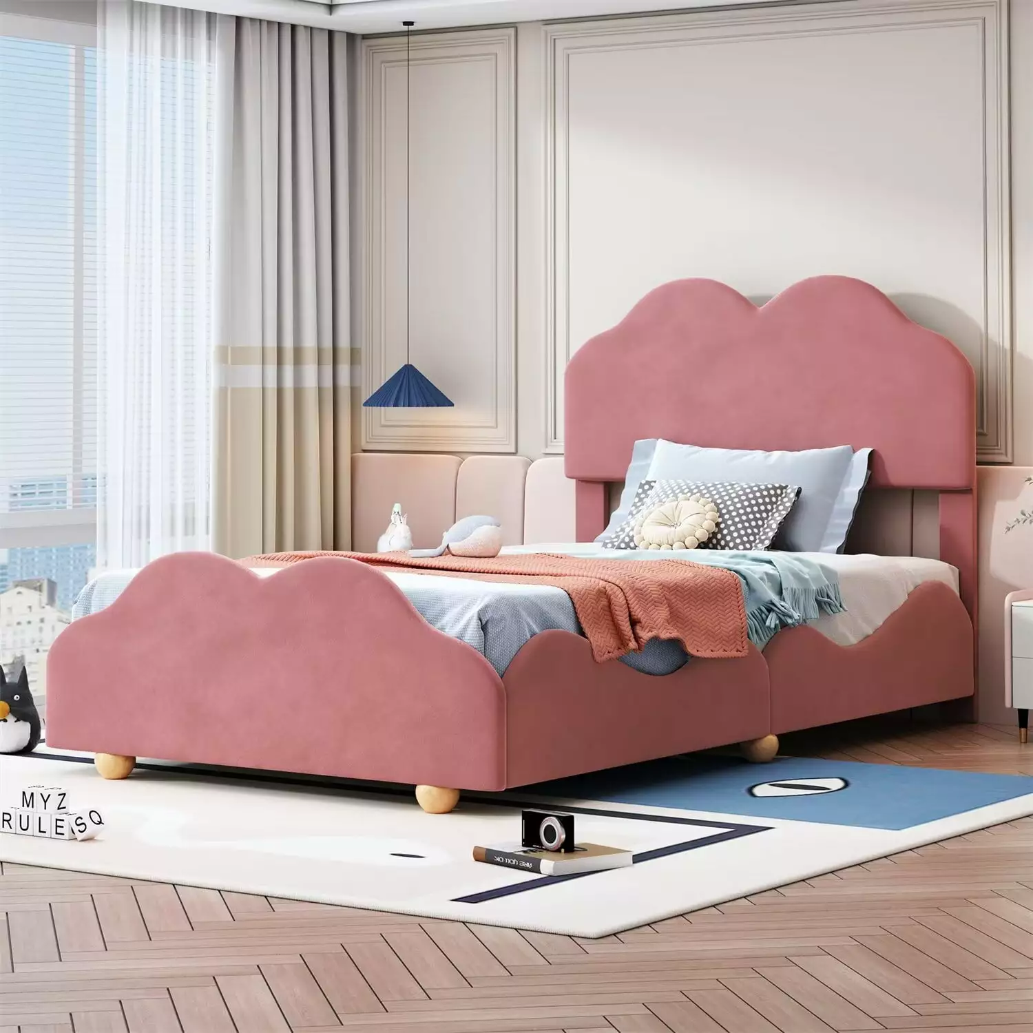 Twin Size Bed Frame Kids Velvet Upholstered Platform Bed Cloud Shaped Board Dark Pink Triple Tree