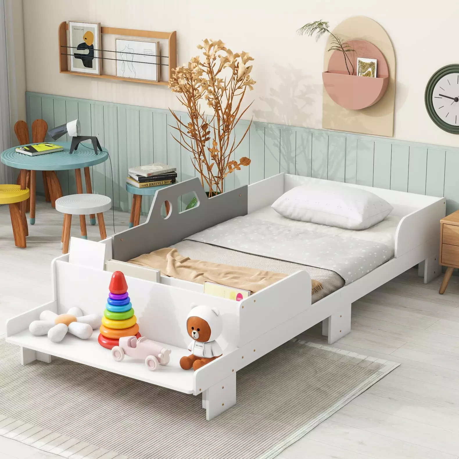 Twin Size Car-Shaped Wooden Platform Bed Footboard Bench Book Storage and Guardrails White Triple Tree