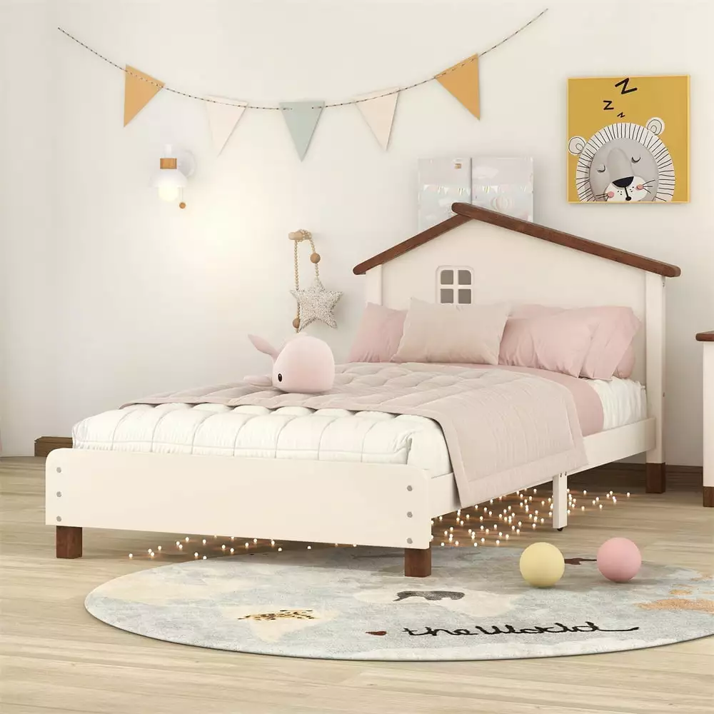 Twin Size Kids Bed Houtilize-Shaped Headboard Cream and Walnut Triple Tree