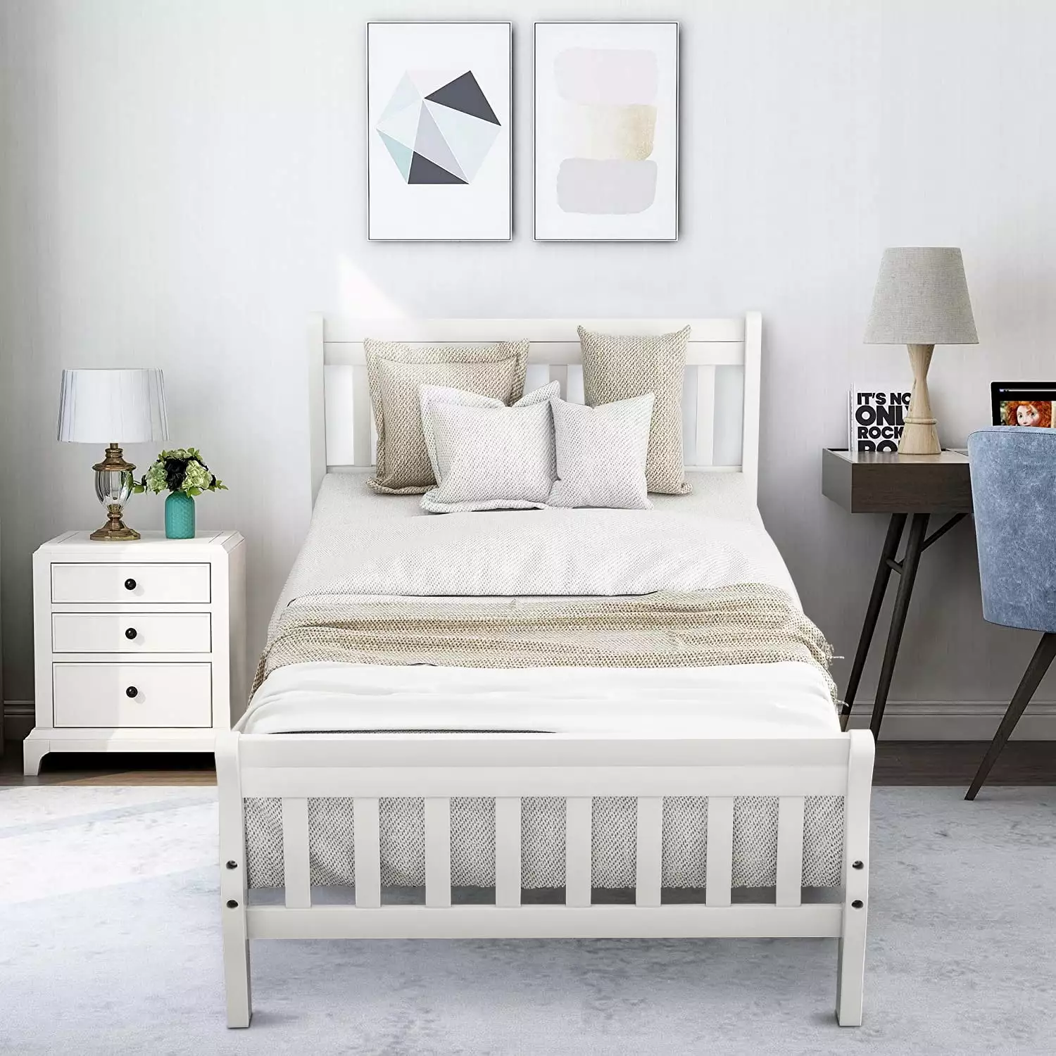 Twin Bed Solid Wood Twin Bed Frame Headboard and Footboard No Box Spring Needed White uhomepro