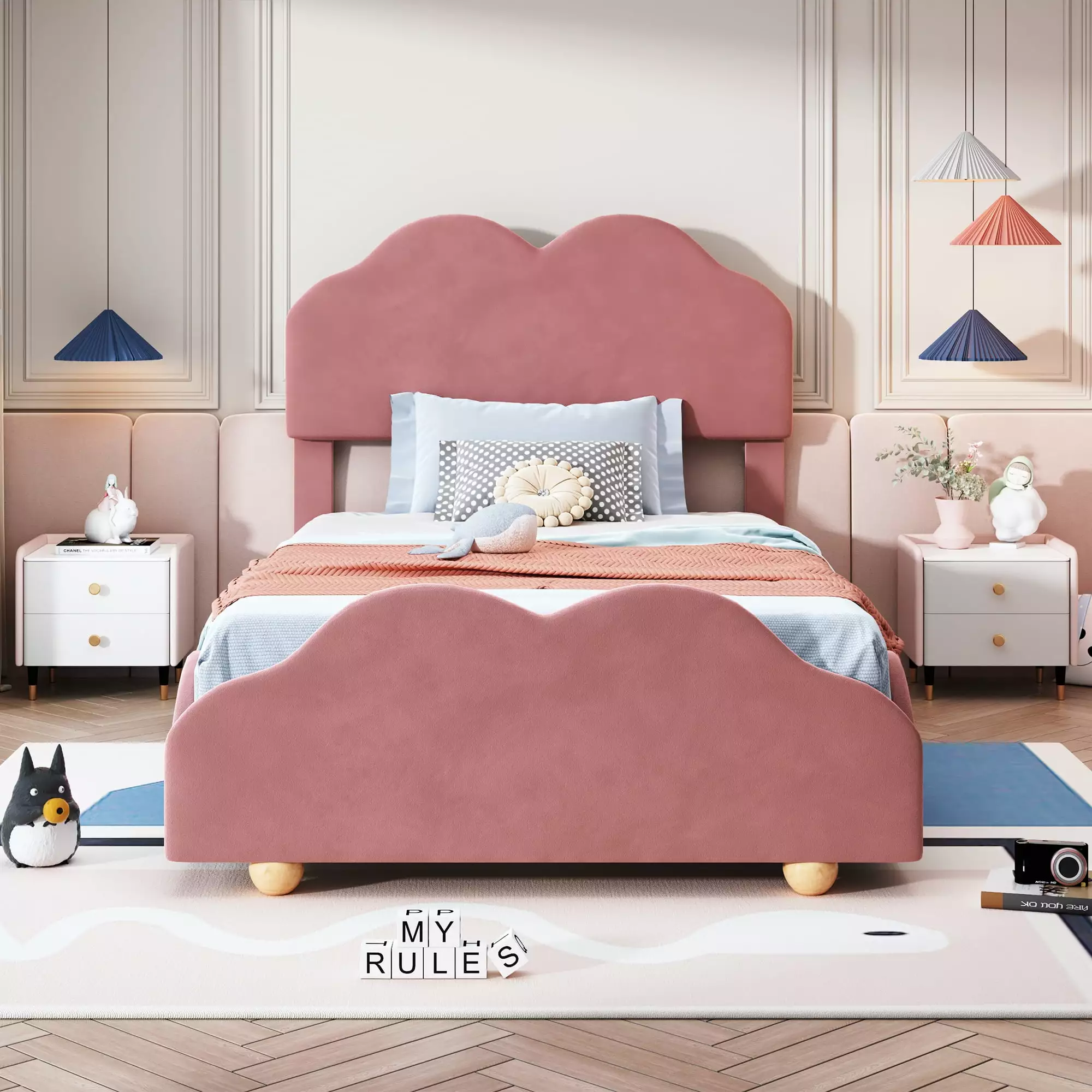 uhomepro Twin Size Upholstered Platform Bed Frame Cloud Shaped Headboard Dark Pink