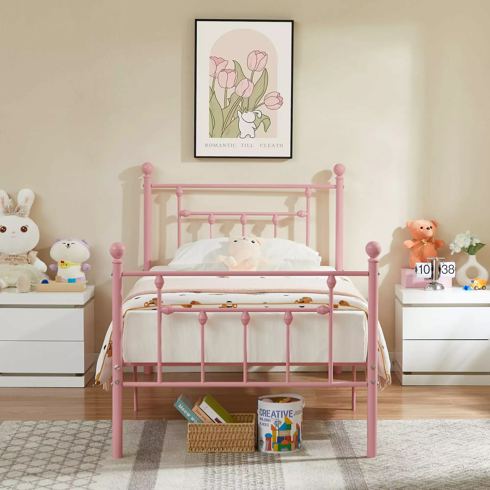 VECELO Twin Size Metal Bed Frame Headboard and Footboard Kids Pink