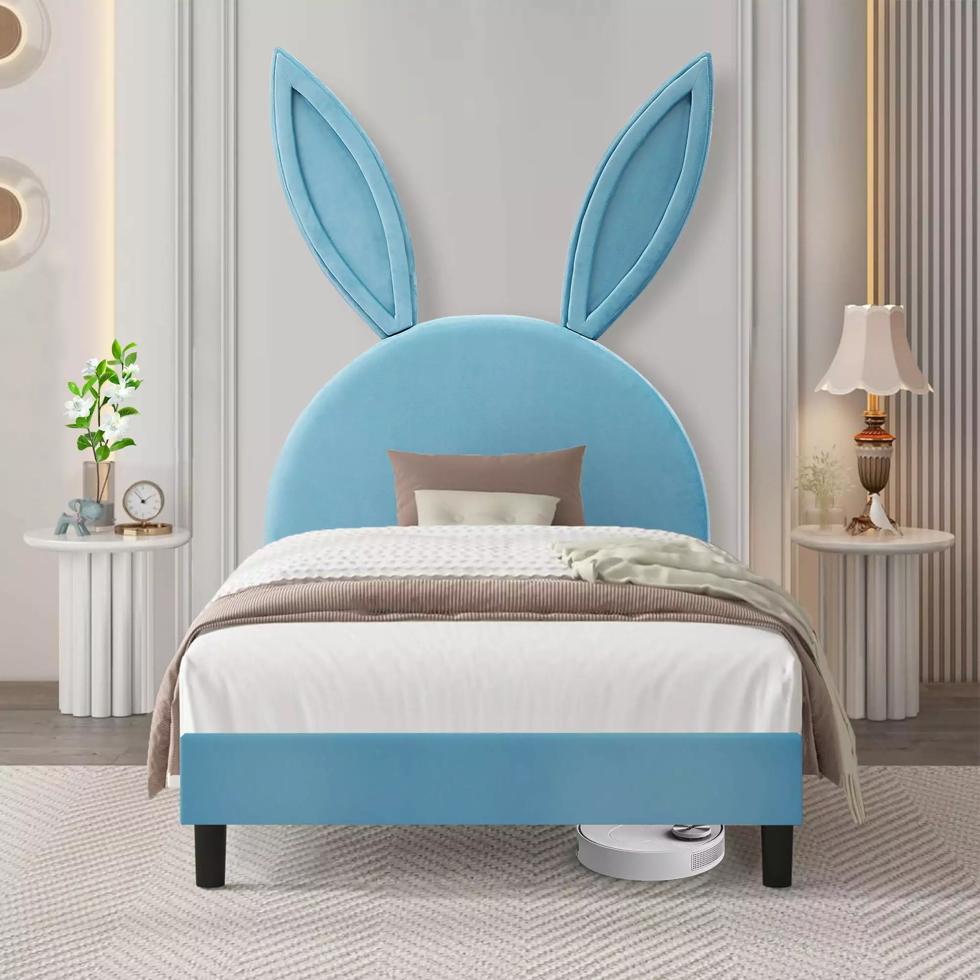 VECELO Twin Upholstered Bed Frame Rabbit Ear Headboard Blue