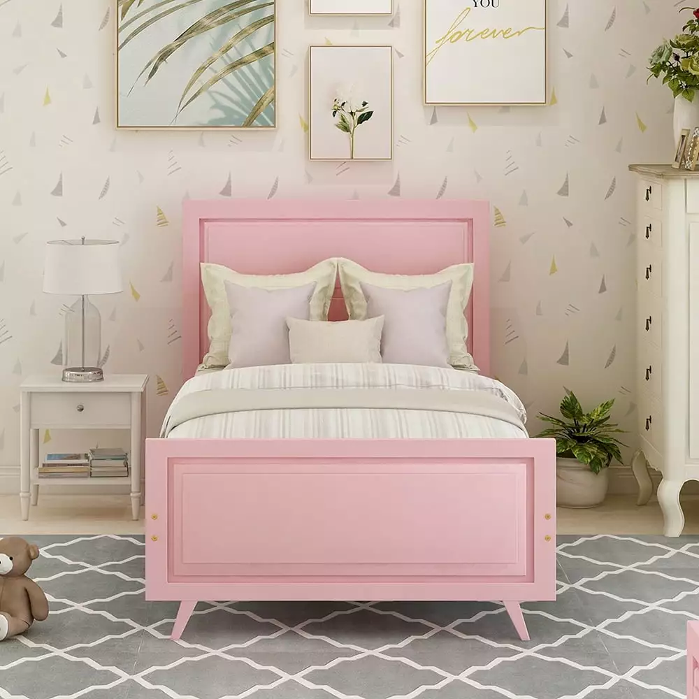 Veryke Wood Platform Beds Headboard Twin Bed Frame Wood Slat Support Pink