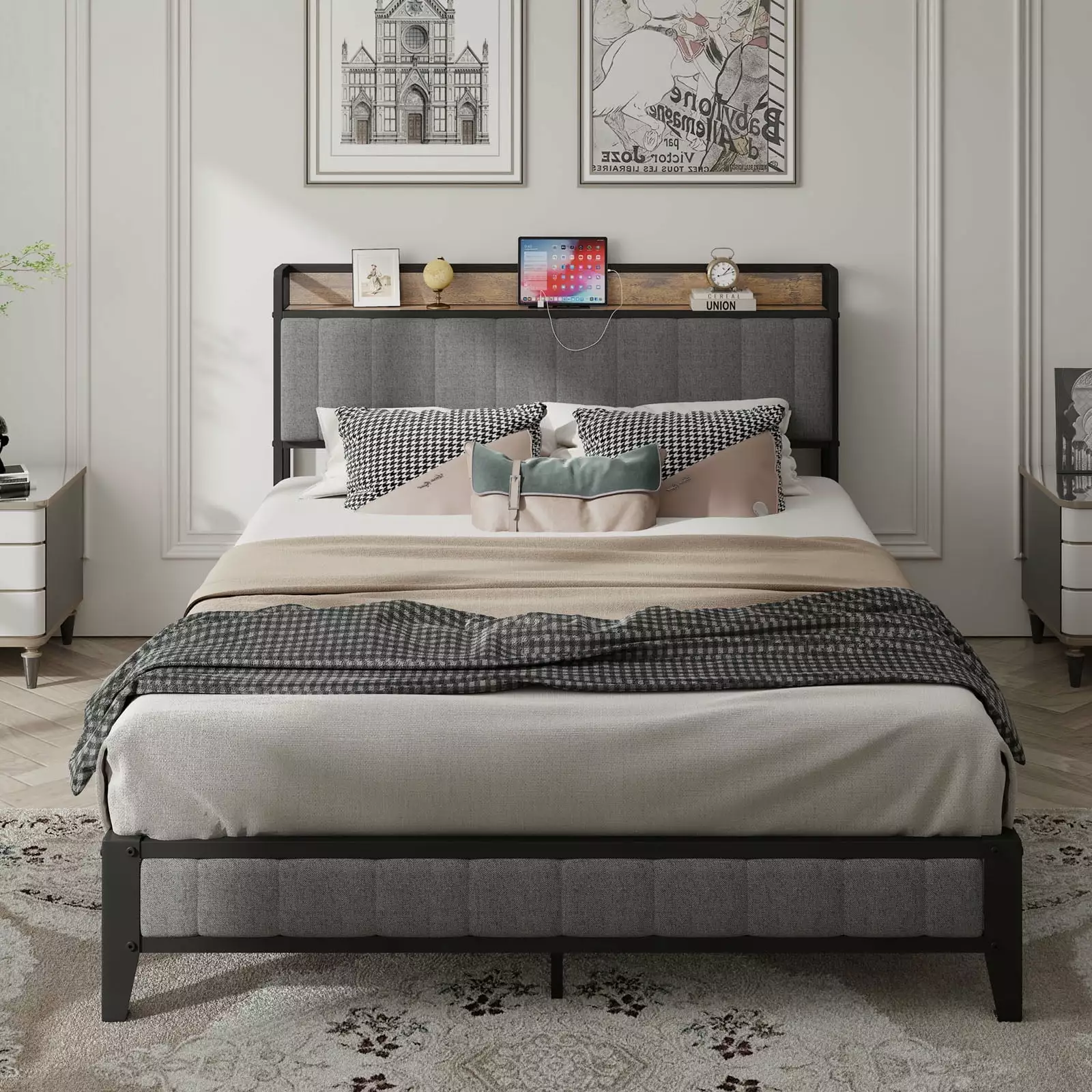 Twin Size Bed Frame Platform Bed Charging Station Upholstered Headboard Grey voqoomkl