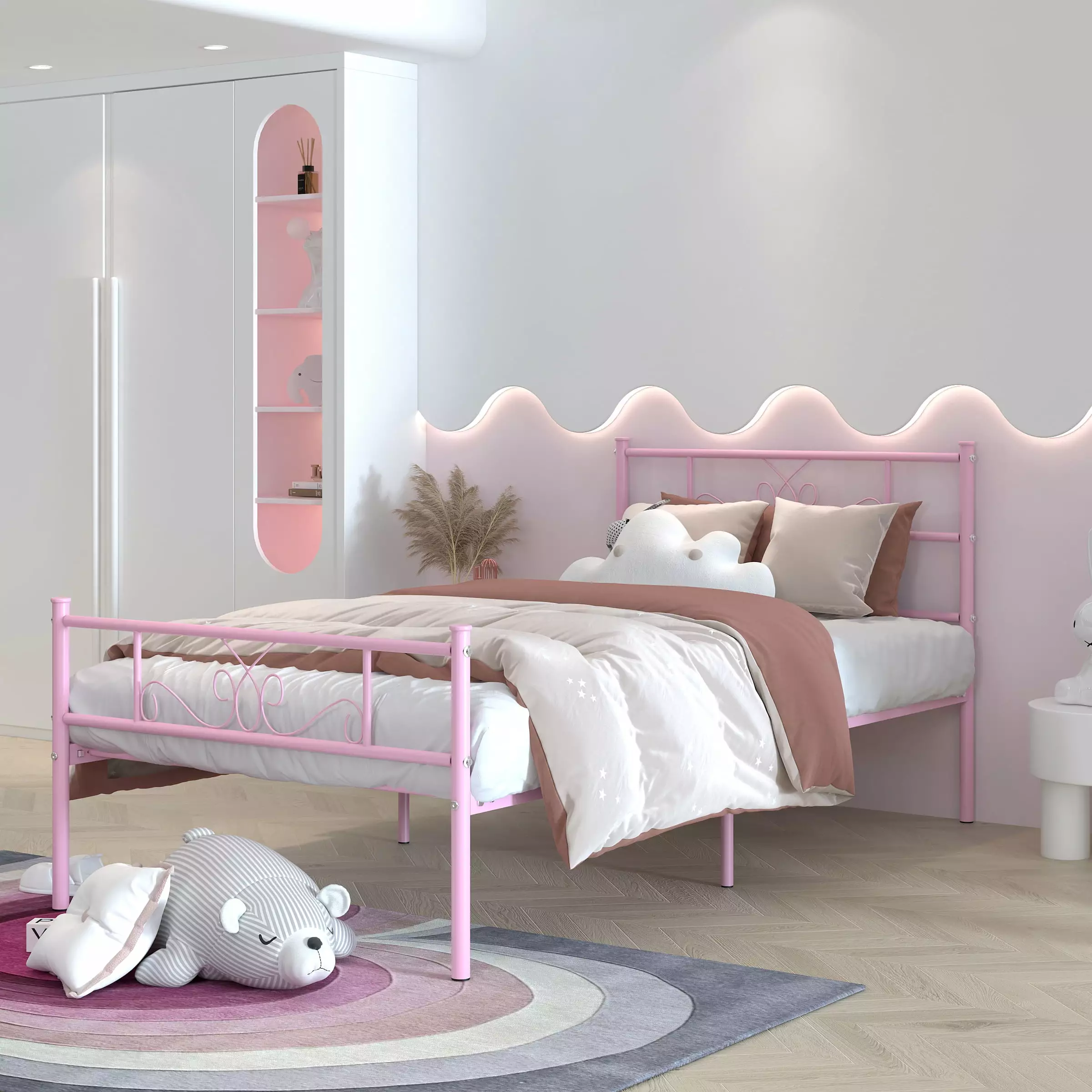 WeeHom Kids Twin Metal Bed Frame Girls Headboard Pink Platform Bed Mattress Foundation