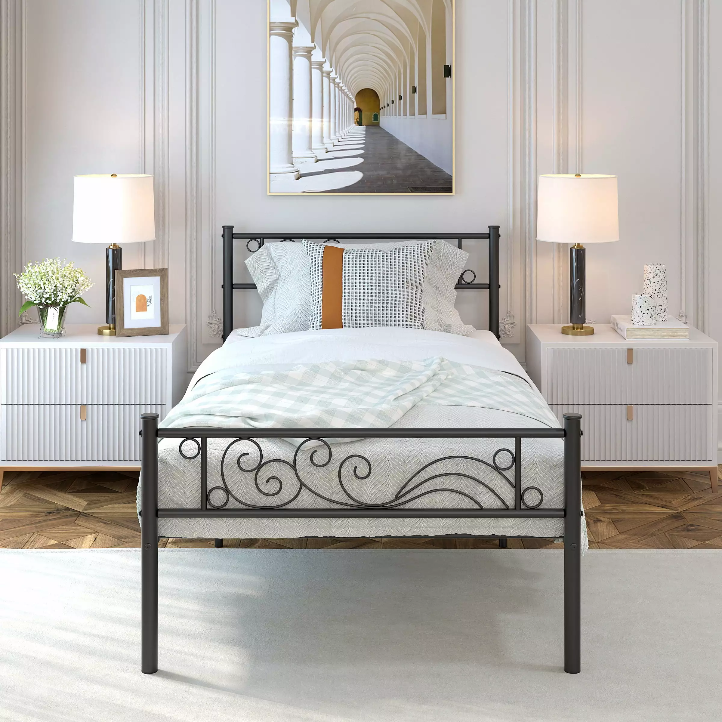 WeeHom Twin Metal Bed Frame Boys Headboard Footboard Black Platform Bed Kids Bedroom
