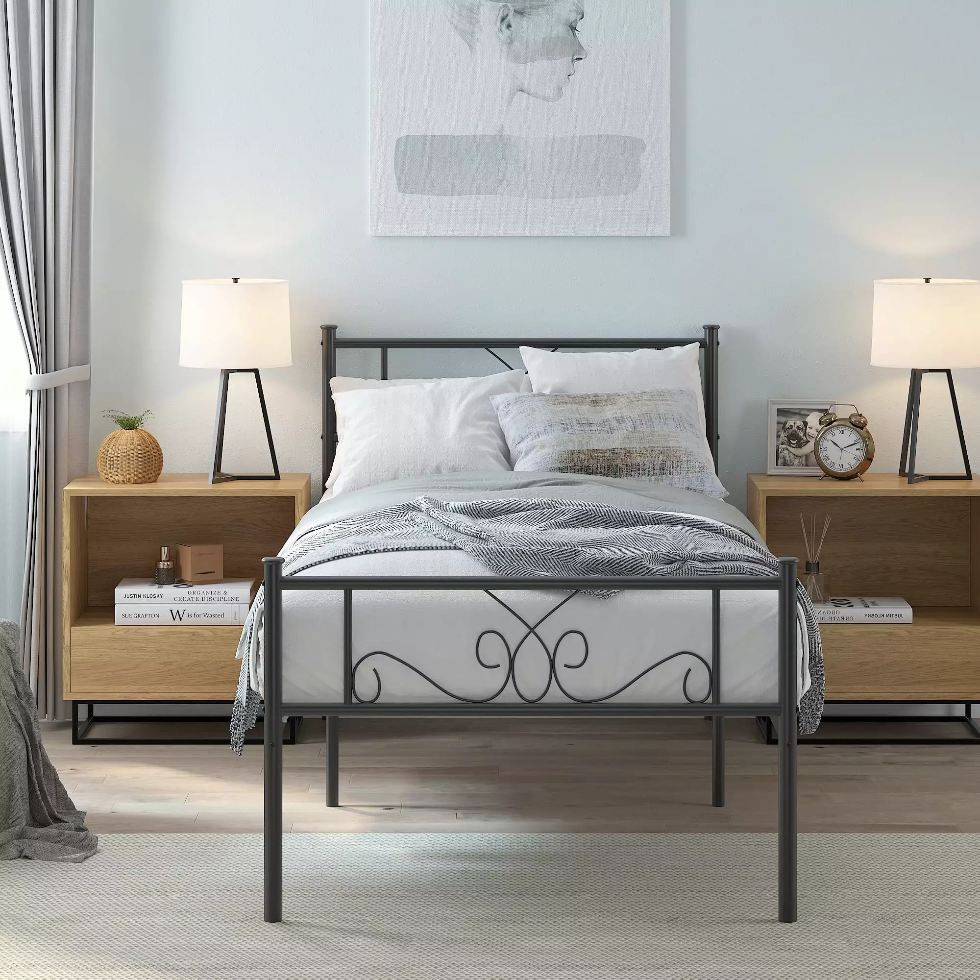 WeeHom Twin Size Metal Bed Frame Headboard Boys Girls Kids and Adults Black