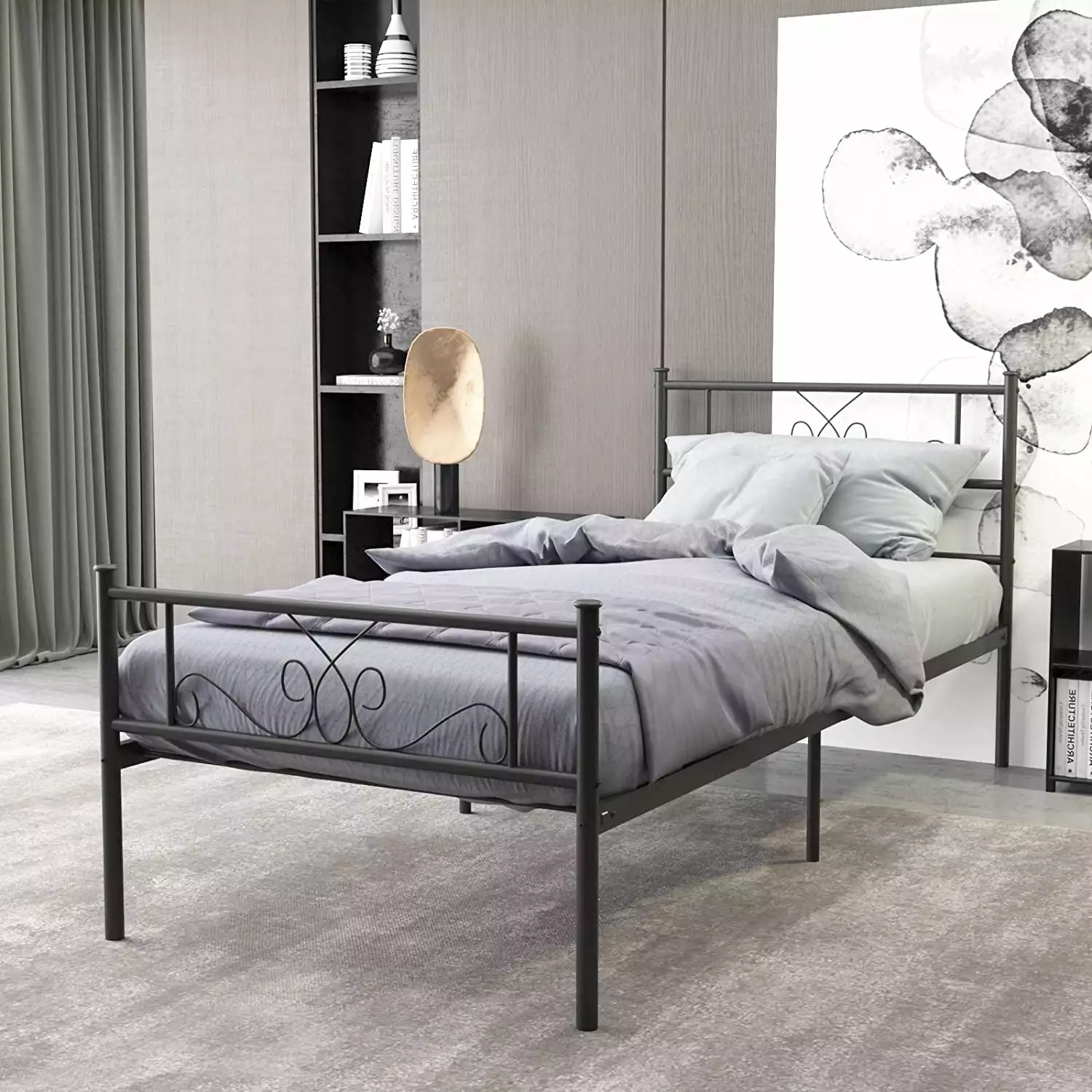 WeeHom Twin Size Metal Bed Frame Kids - Black Platform Bed Headboard