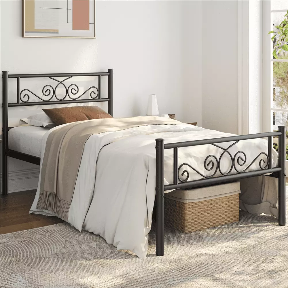 Yaheetech Graceful Scroll Platform Twin Bed Headboard and Footboard Black