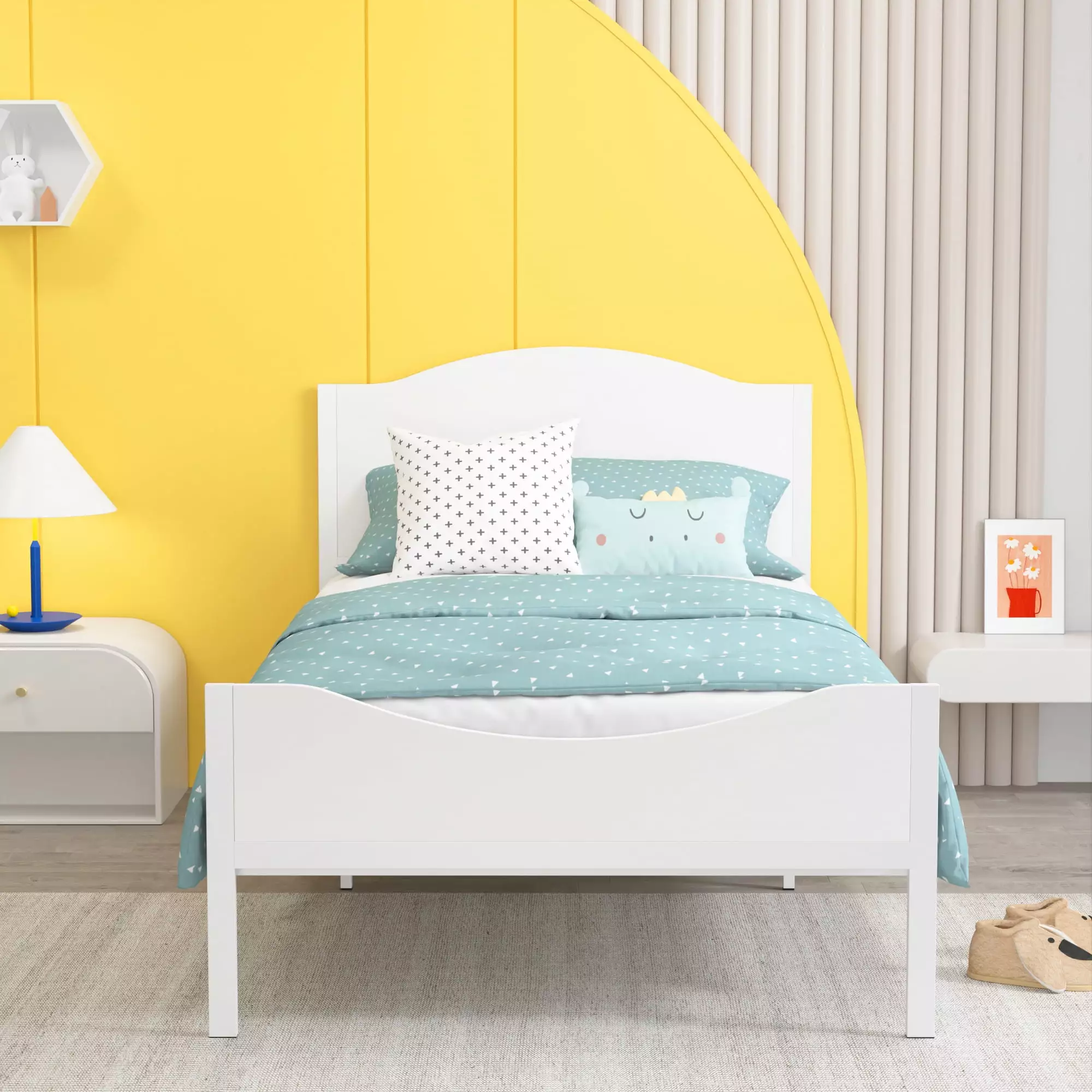Yoneston Kids Twin Metal Platform Bed Frame Wood Headboard Kids and Teens White Finish