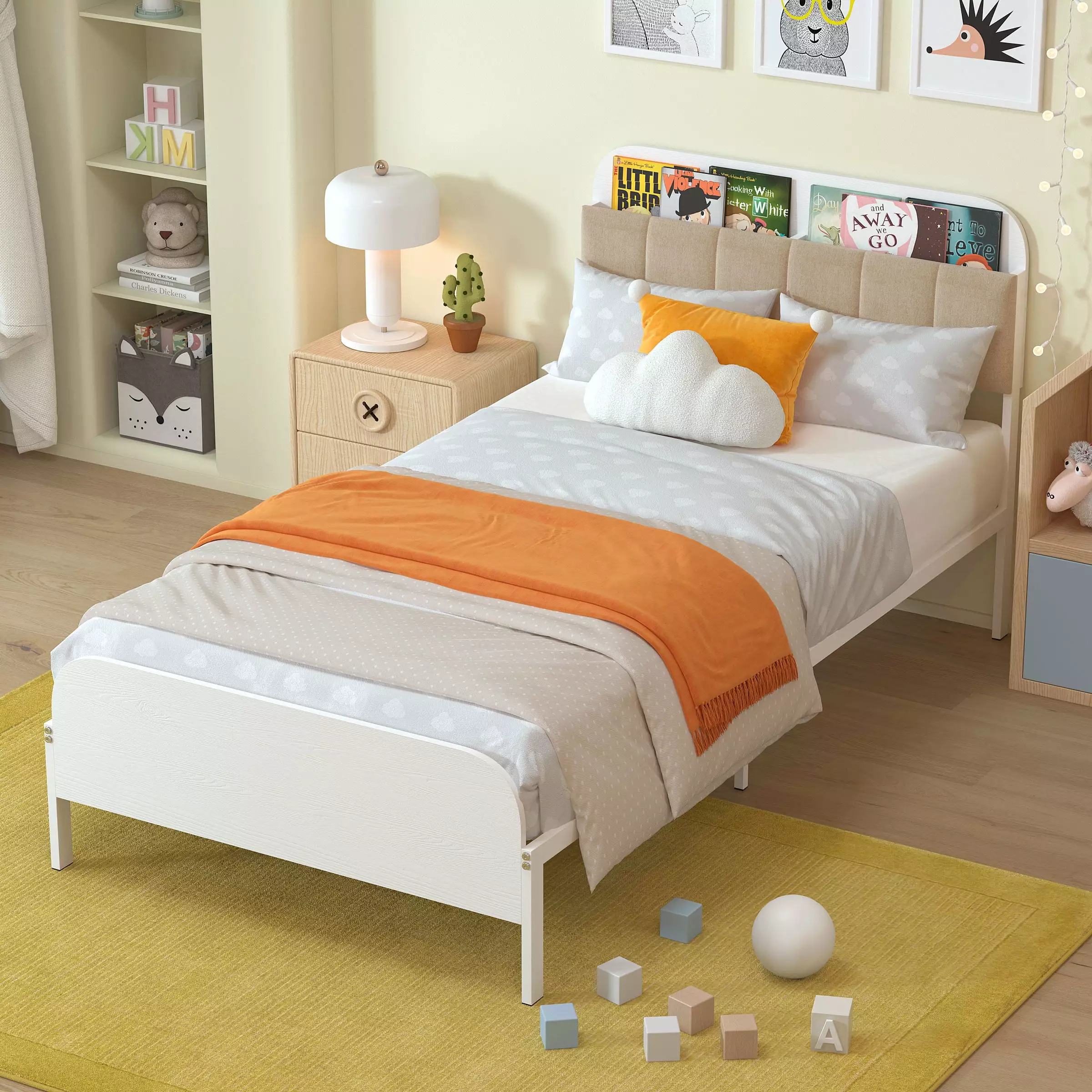 Yoneston Kids Twin Platform Bed Upholstered Bookcase Headboard Storage Shelves White Metal Bed Frame