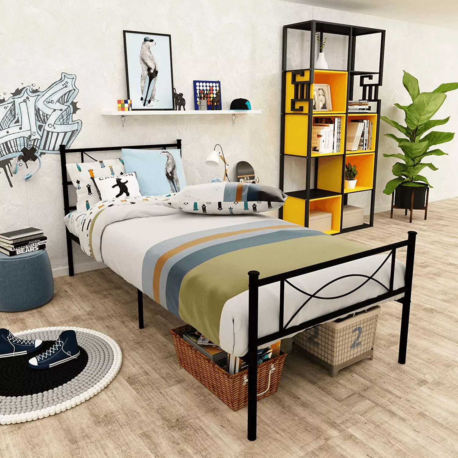 Yoneston Kids Twin Size Metal Platform Bed Bowknot Headboards Easy Assembly Black