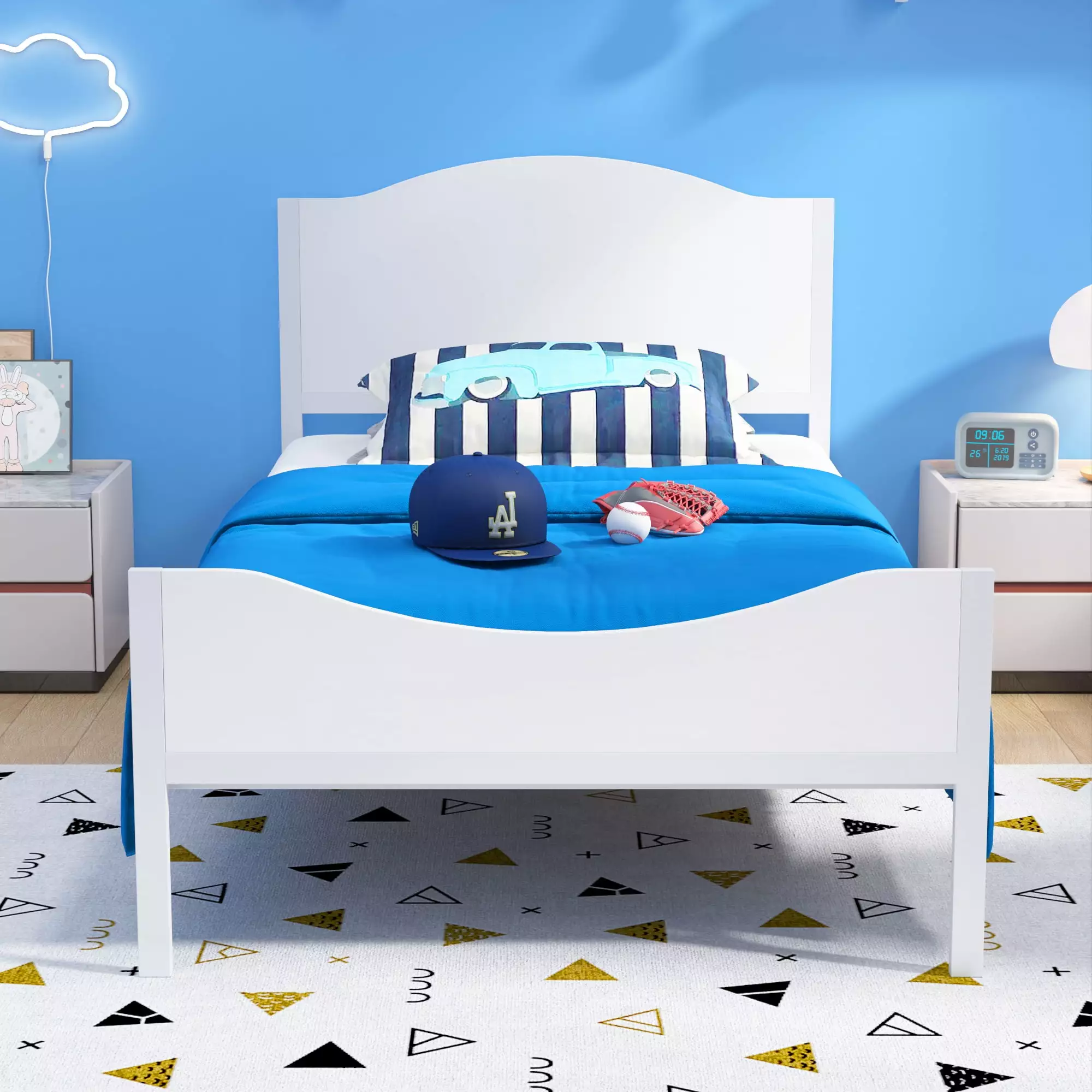 Yoneston Twin Kids Metal Platform Bed Frame Wood Headboard - White Children's Bed