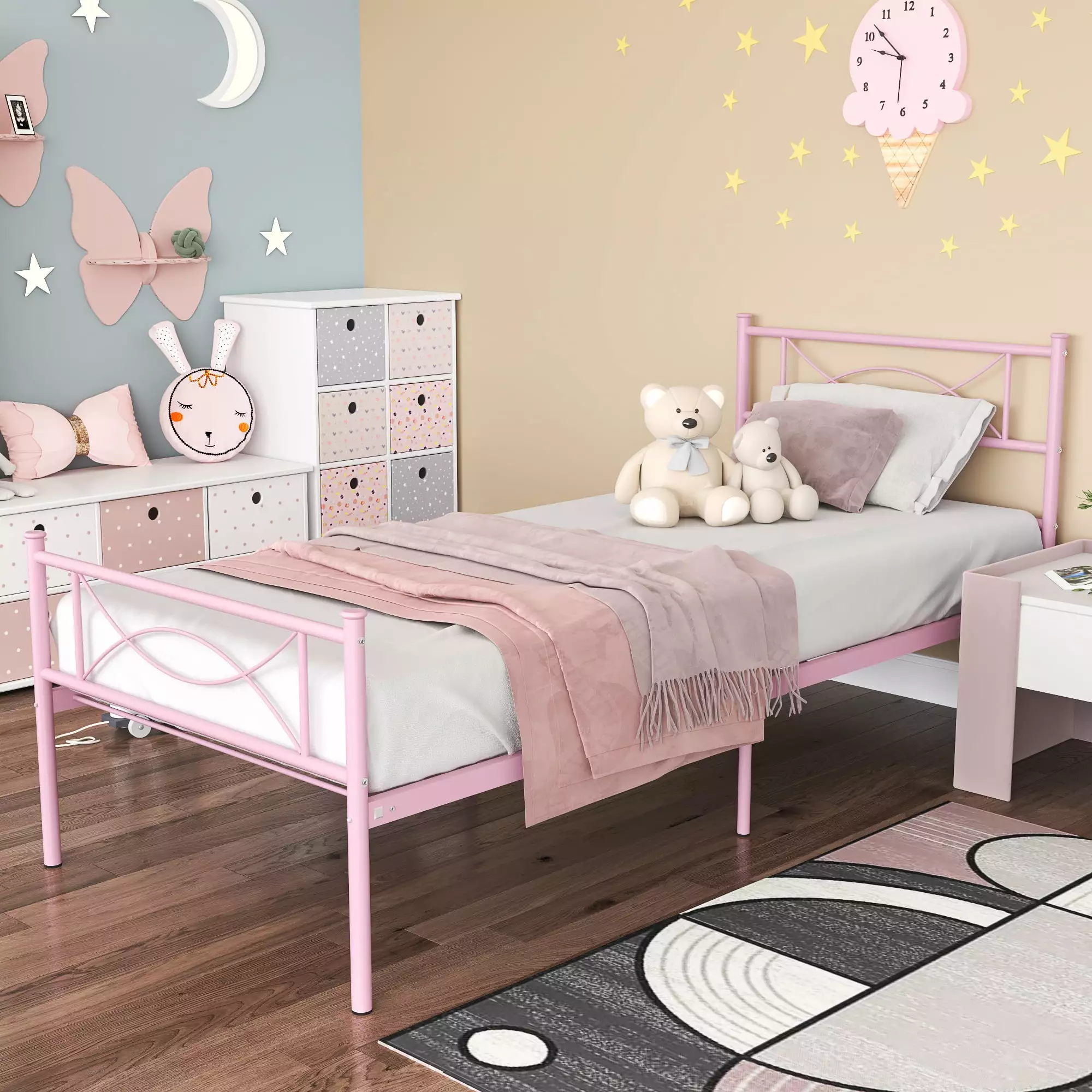 Yoneston Twin Metal Platform Bed Frame Girls Headboard & Footboard Pink