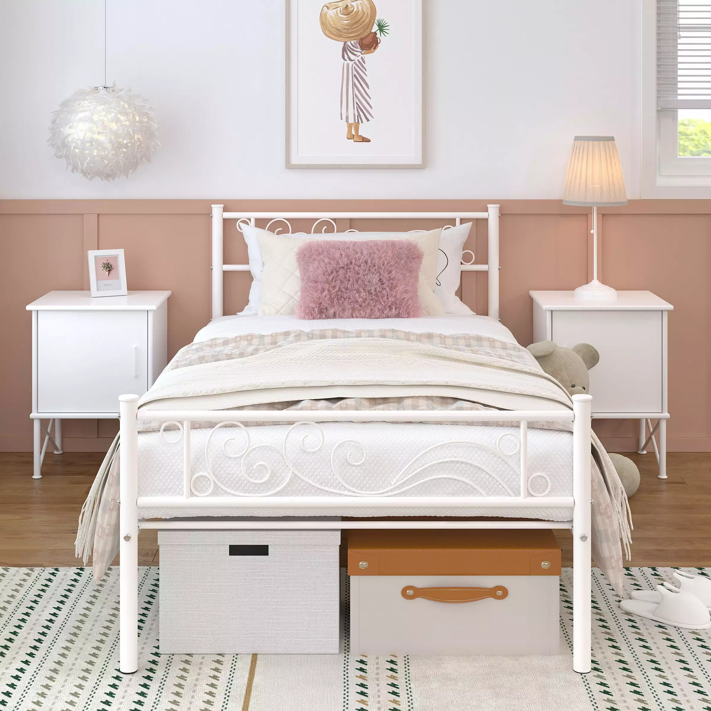 Yoneston Twin Size Metal Platform Bed Frame Wave Headboard and Footboard White