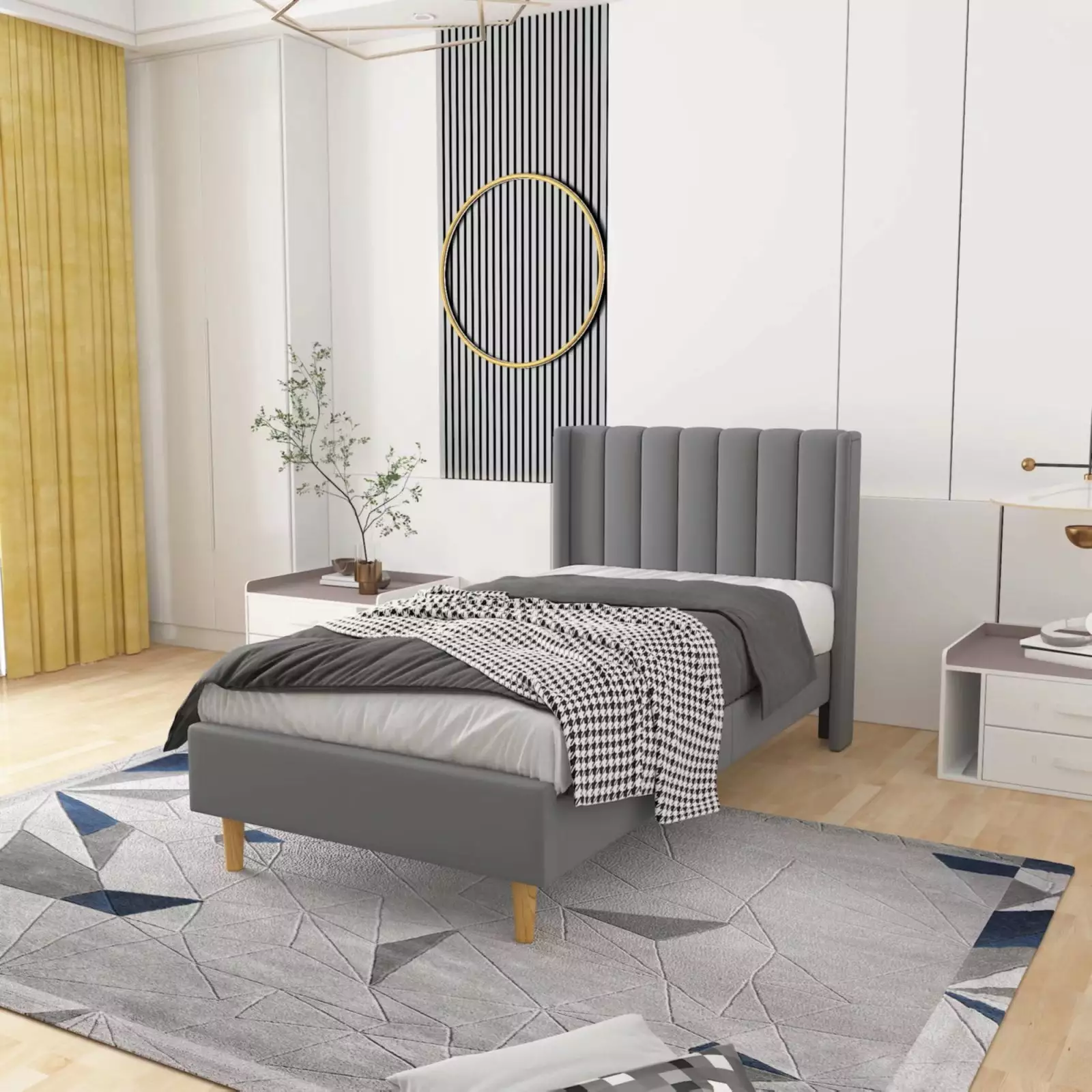 Zanmintaobo Upholstered Platform Bed Frame Tufted Wingback Twin Size Gray