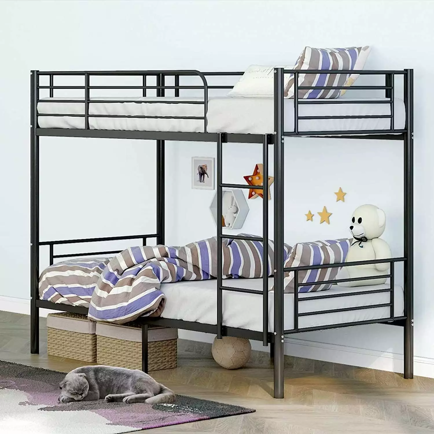 Alohappy Metal Bunk Bed Twin Over Twin Removable Ladder and Guard Rail Industrial Style Black