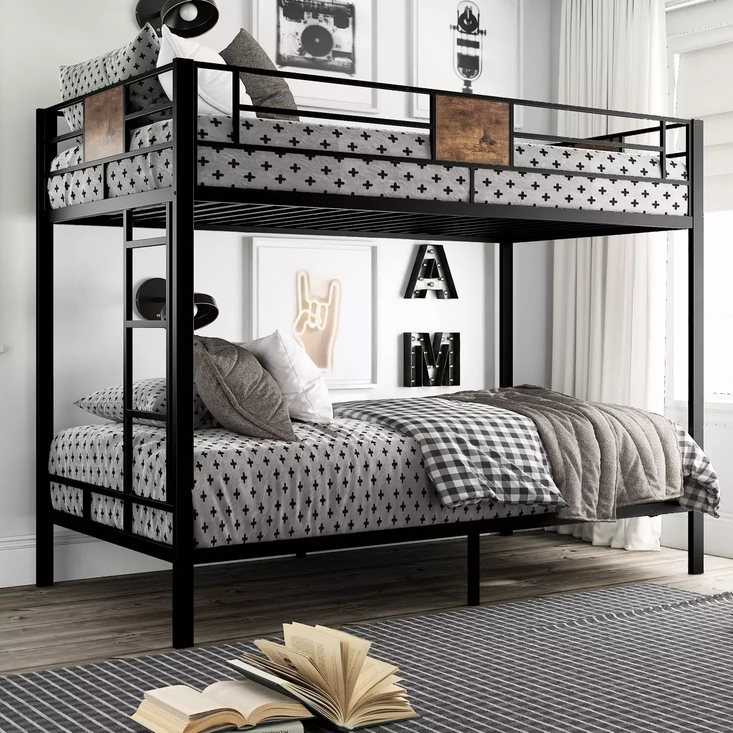Amolife Metal Twin Over Twin Bunk Bed Frame Stairs and Guardrail Black