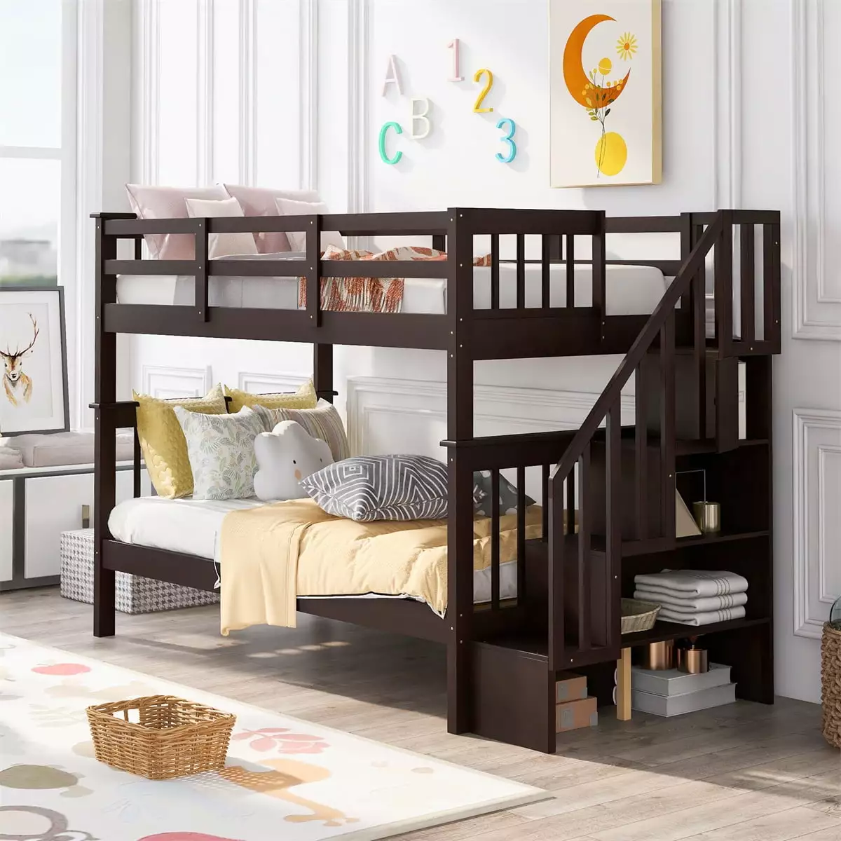 ARCTICSCORPION Twin Over Twin Kids Bunk Bed Wood Frame Storage Stairs and Guardrails Espresso