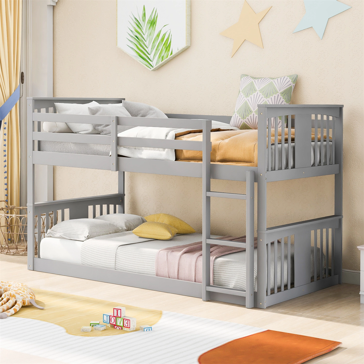 Twin Over Twin Bunk Bed Ladder Upgraded Wood Frame Full Length Guardrail Low Bunk Bed Kids Gray ARCTICSCORPION