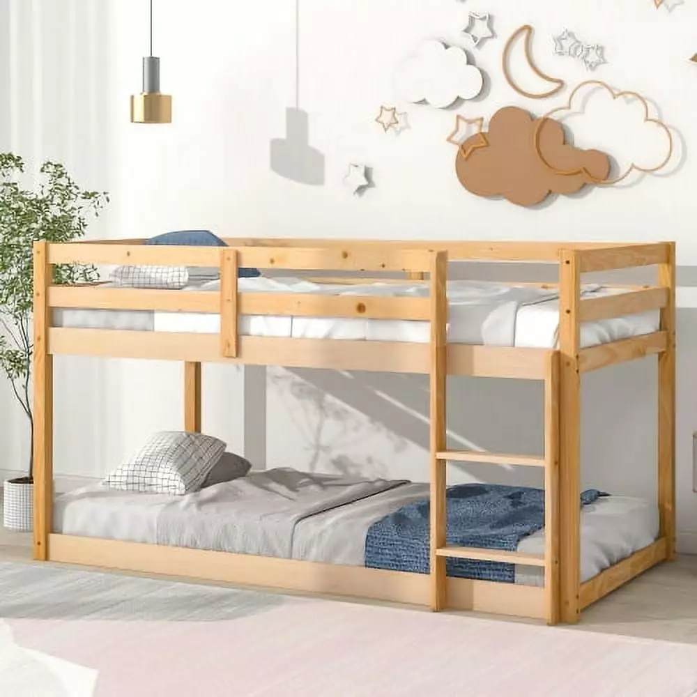 Twin over Twin Bunk Bed Low Floor Bunk Bed Solid Wood Bunk Bed Frame Built- Ladder and Guard Rail No Box Spring Needed Nat...