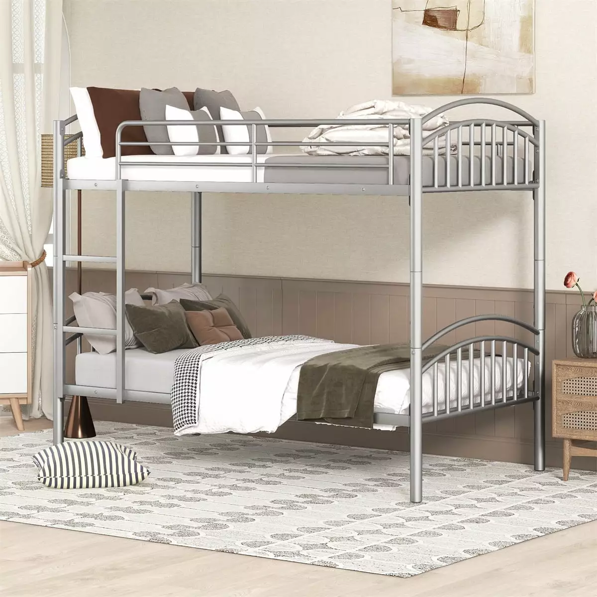 Twin Over Twin Metal Bunk Bed Heavy Duty Frame Ladder Guardrails Silver ARCTICSCORPION