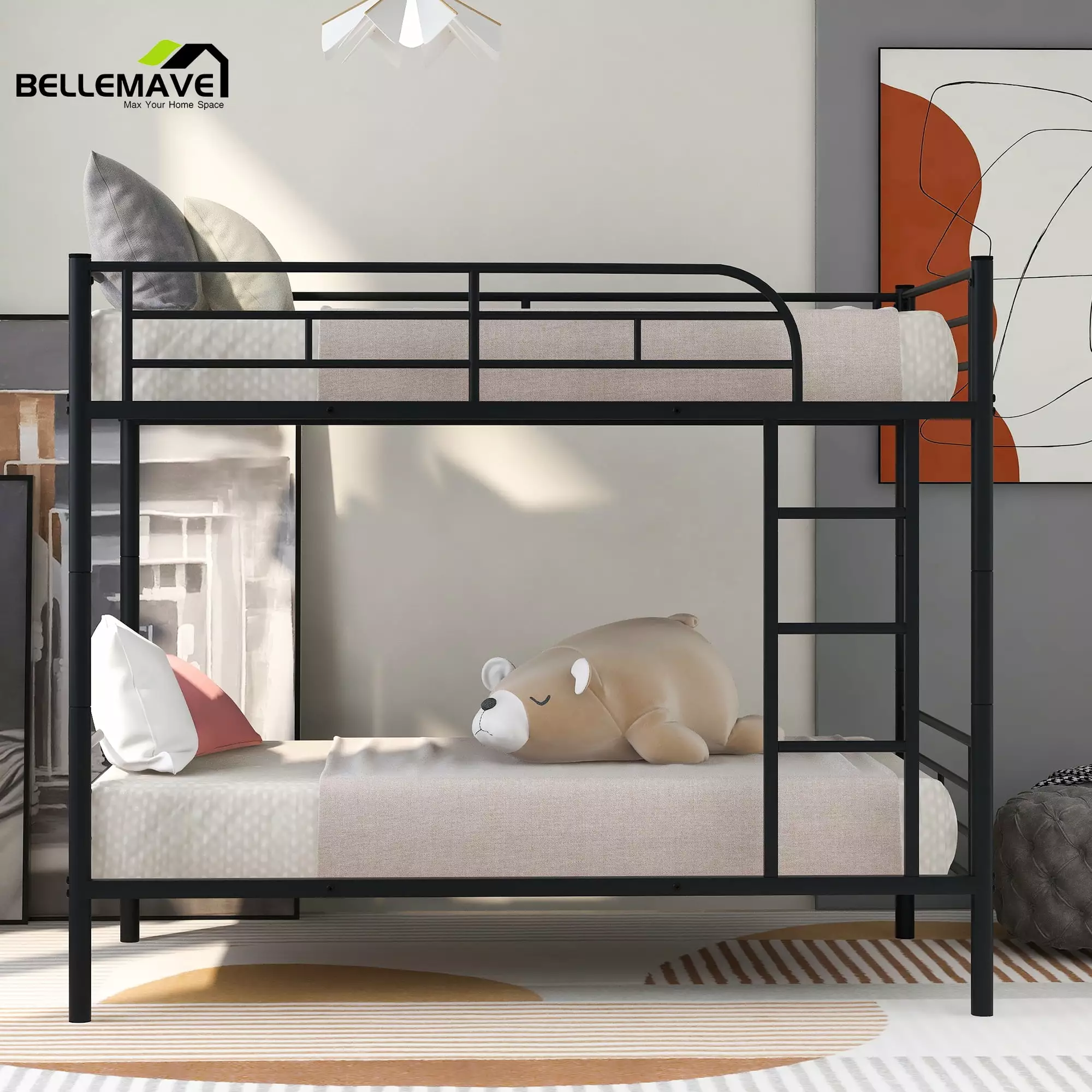 Bellemave Metal Twin over Twin Bunk Bed Frame Ladder Guardrail Black