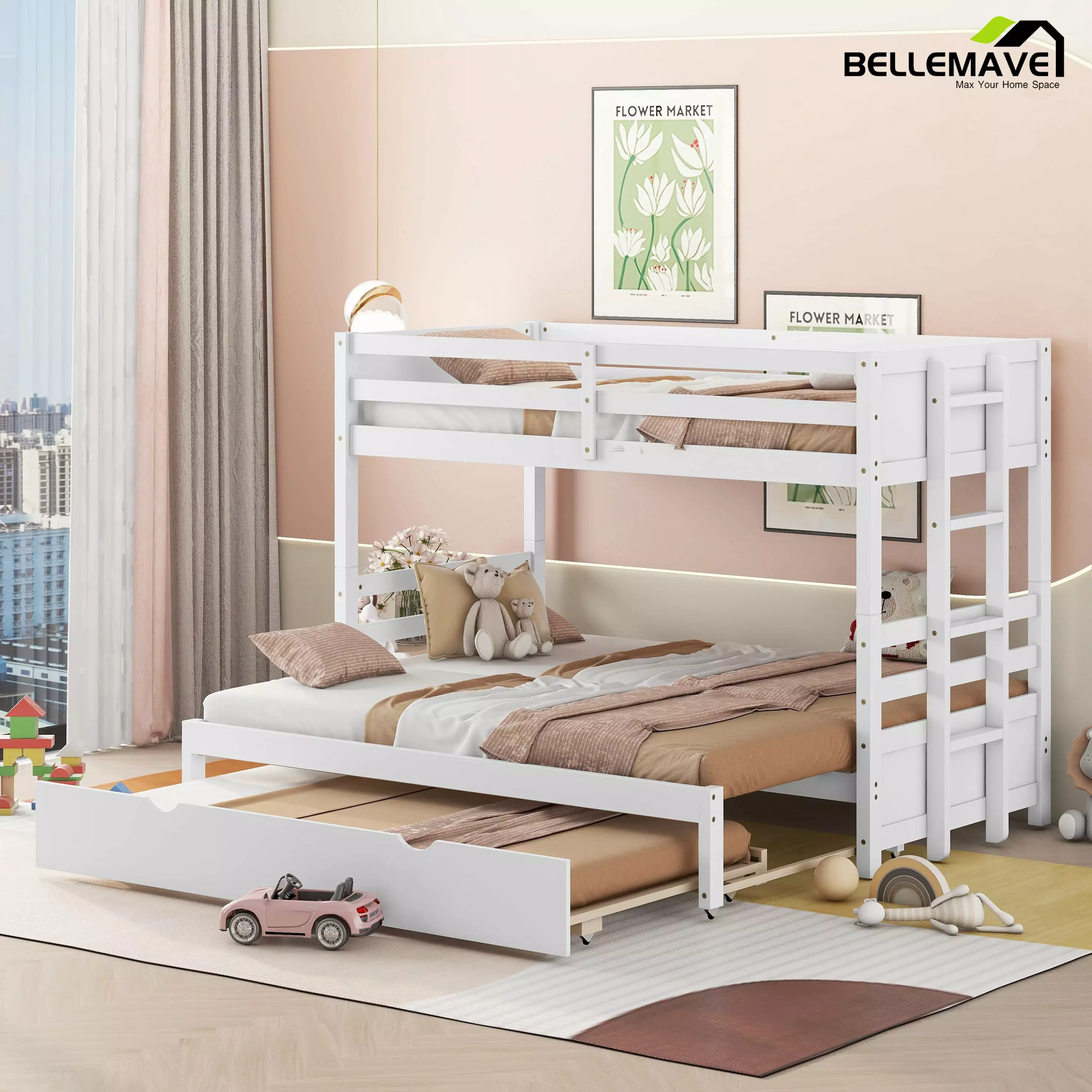 Bellemave Twin over Twin Bunk Bed Trundle Convertible Bunk Bed Frame Space-saving 4 Twin Beds 1 White