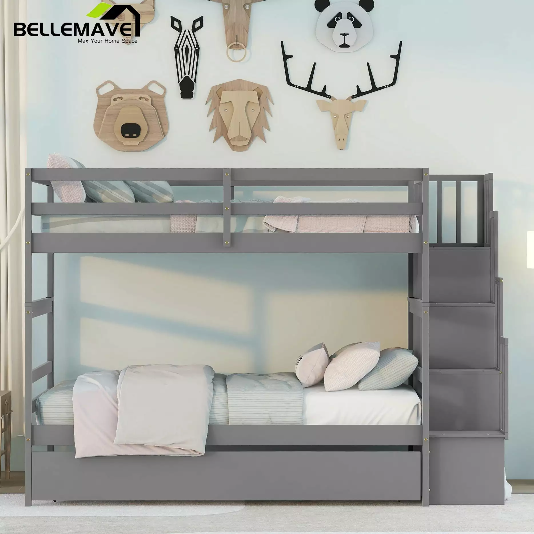 Bellemave Twin over Twin Stairway Bunk Bed Trundle Wooden Frame Guardrails and Storage Stairs Kids Teens Gray