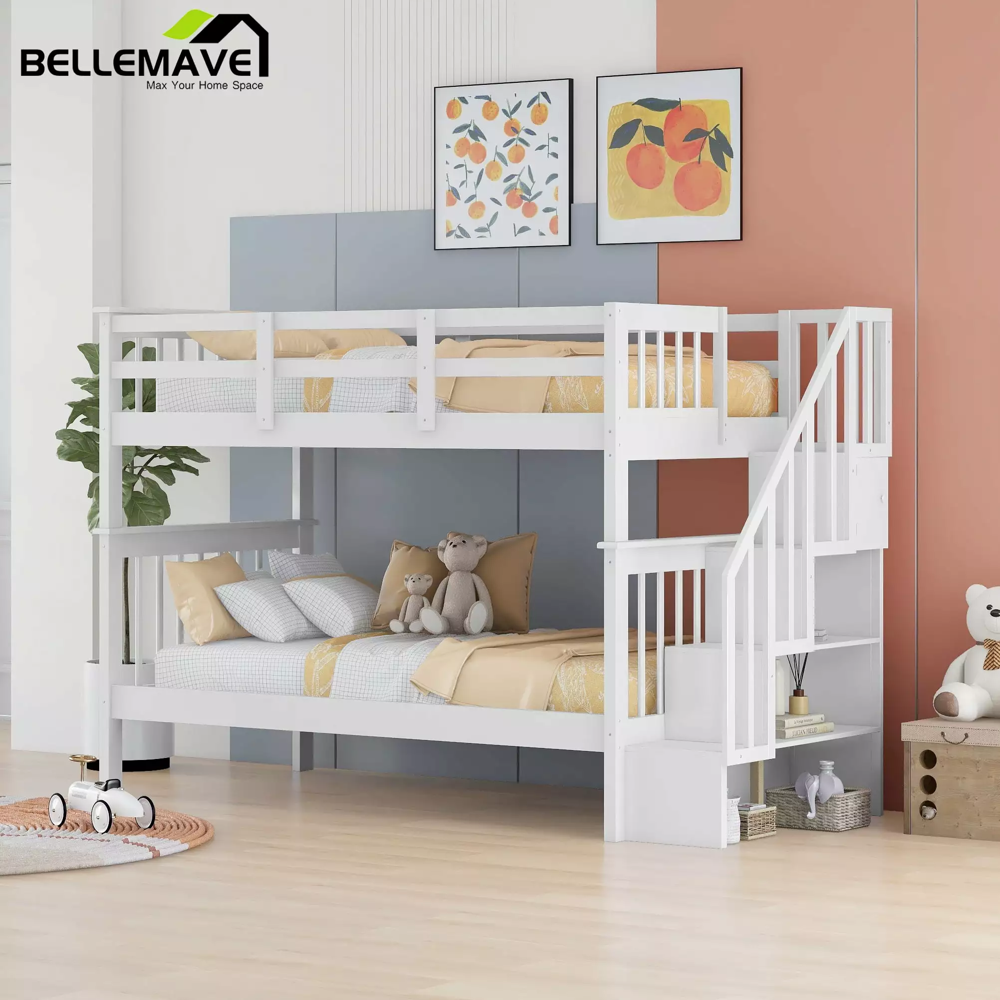 Bellemave Twin Over Twin Stairway Bunk Bed Storage Stairs Convertible 2 1 Frame Shelves and Guardrail White