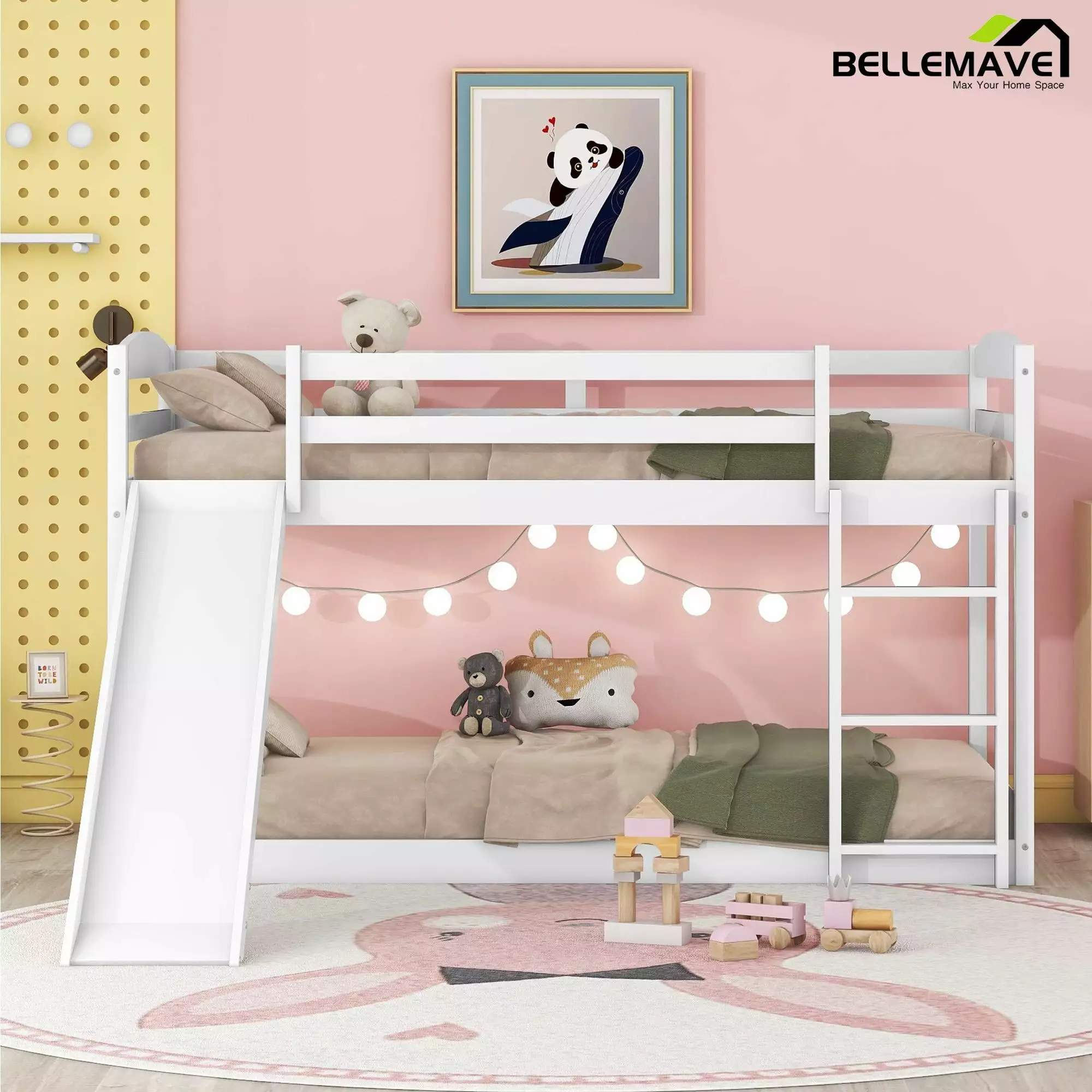 Bellemave Twin Size Bunk Bed Slide Twin over Twin Bunk Bed Convertible Slide and Ladder Kids White