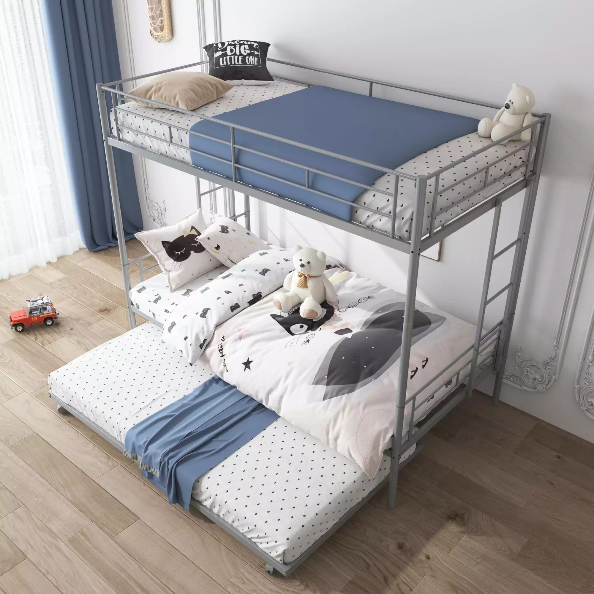 ENYOPRO Twin Over Twin Bunk Bed Trundle Metal Frame Guard Rail Ladders Space Saving Design