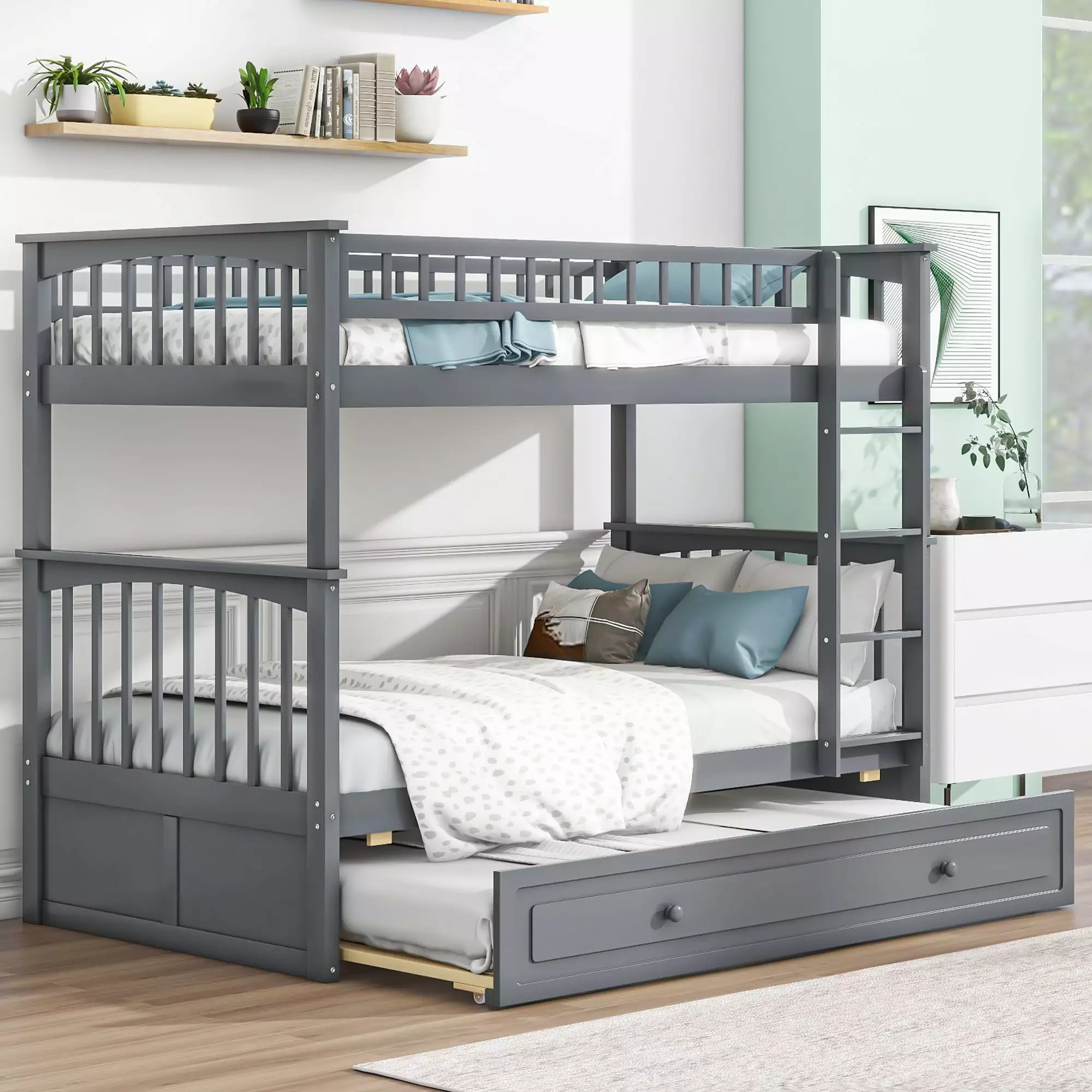 Euroco Twin over Twin Bunk Bed Trundle - Convertible 3 Beds One - Gray