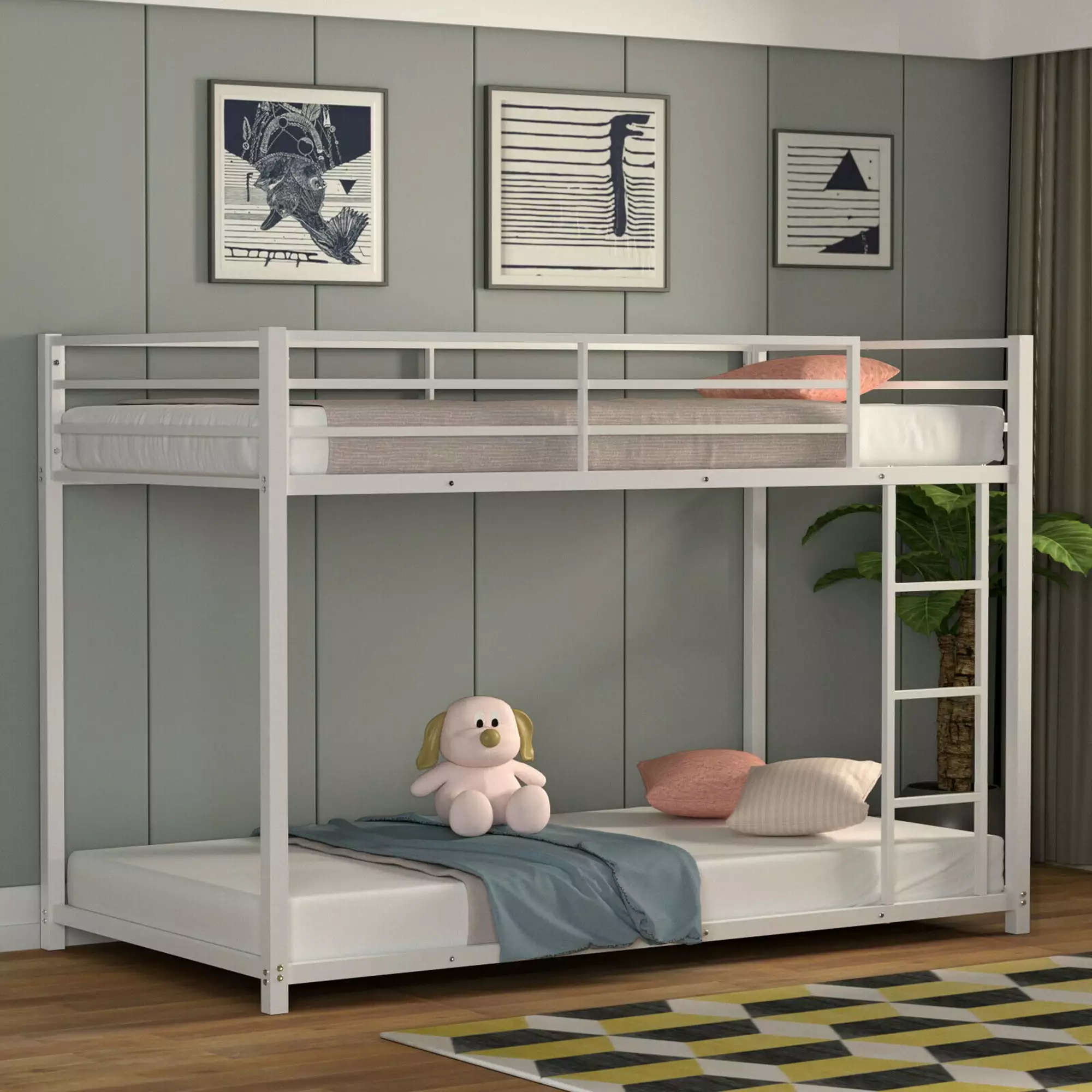 Gymax Twin Over Twin Bunk Bed Frame Platform Guard Rails and Side Ladder White
