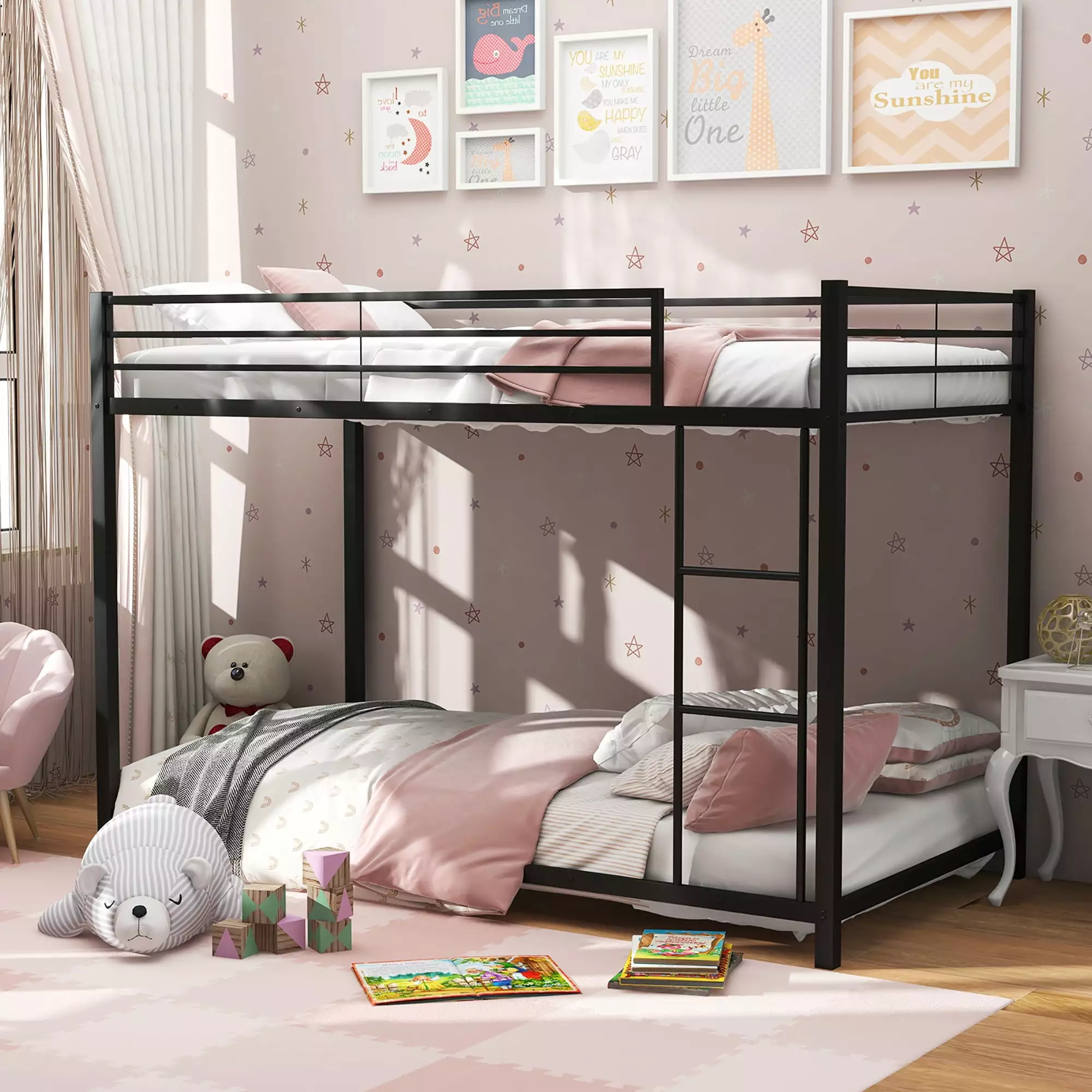 Gymax Twin Over Twin Low Metal Bunk Bed Ladder Guardrails Teens Adults Black