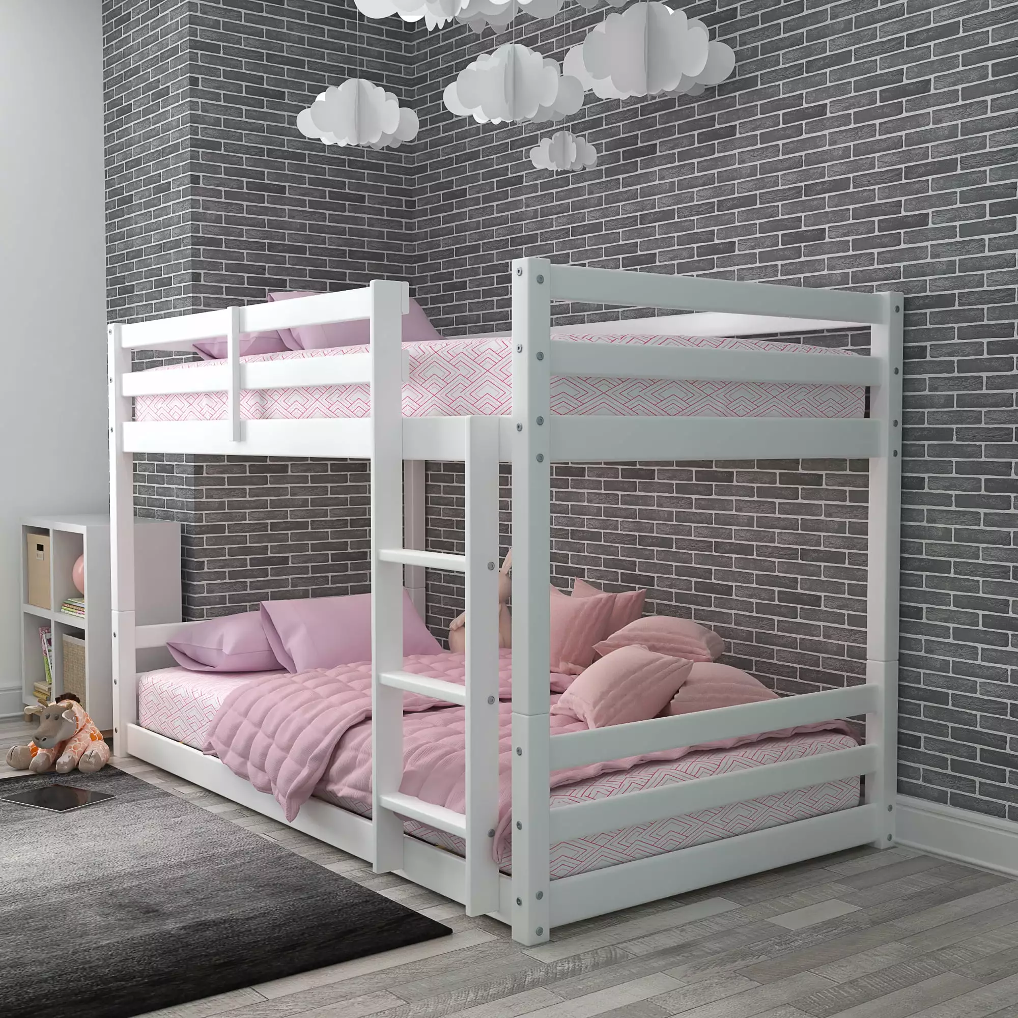 Campbell Wood Twin over Twin Floor Convertible Bunk Bed White Kids Teens Hillsdale
