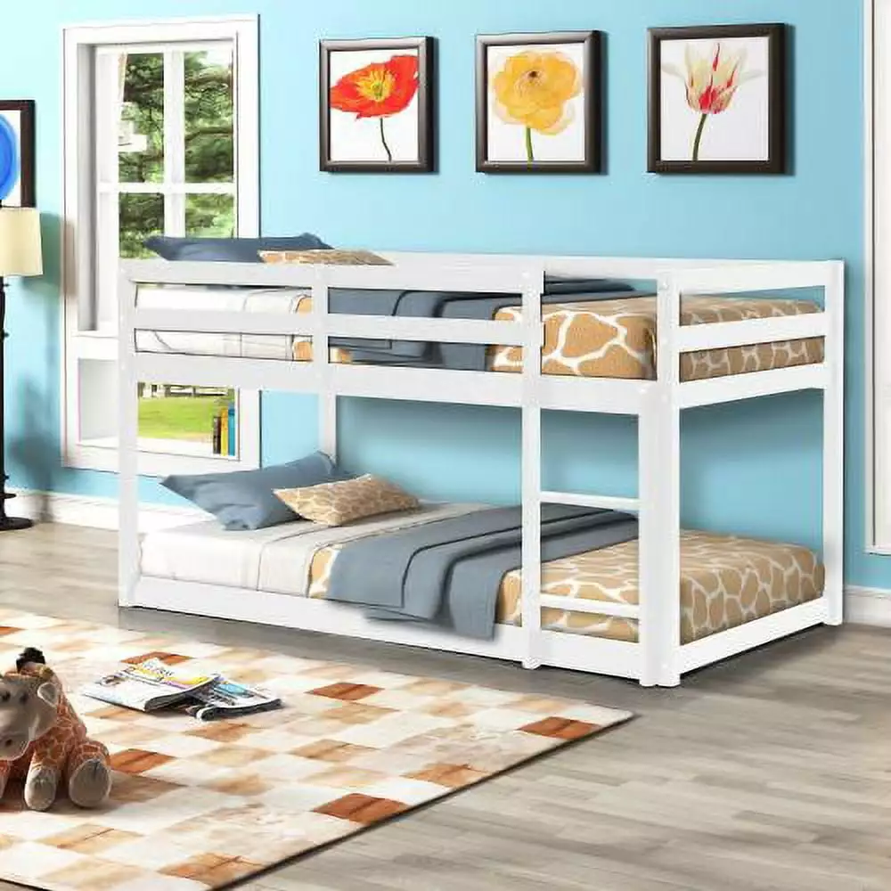JINS&VICO Twin Over Twin Floor Bunk Bed Wooden Low Bunk Bed Frame Guardrails and Ladder Kids White JINS & VICO