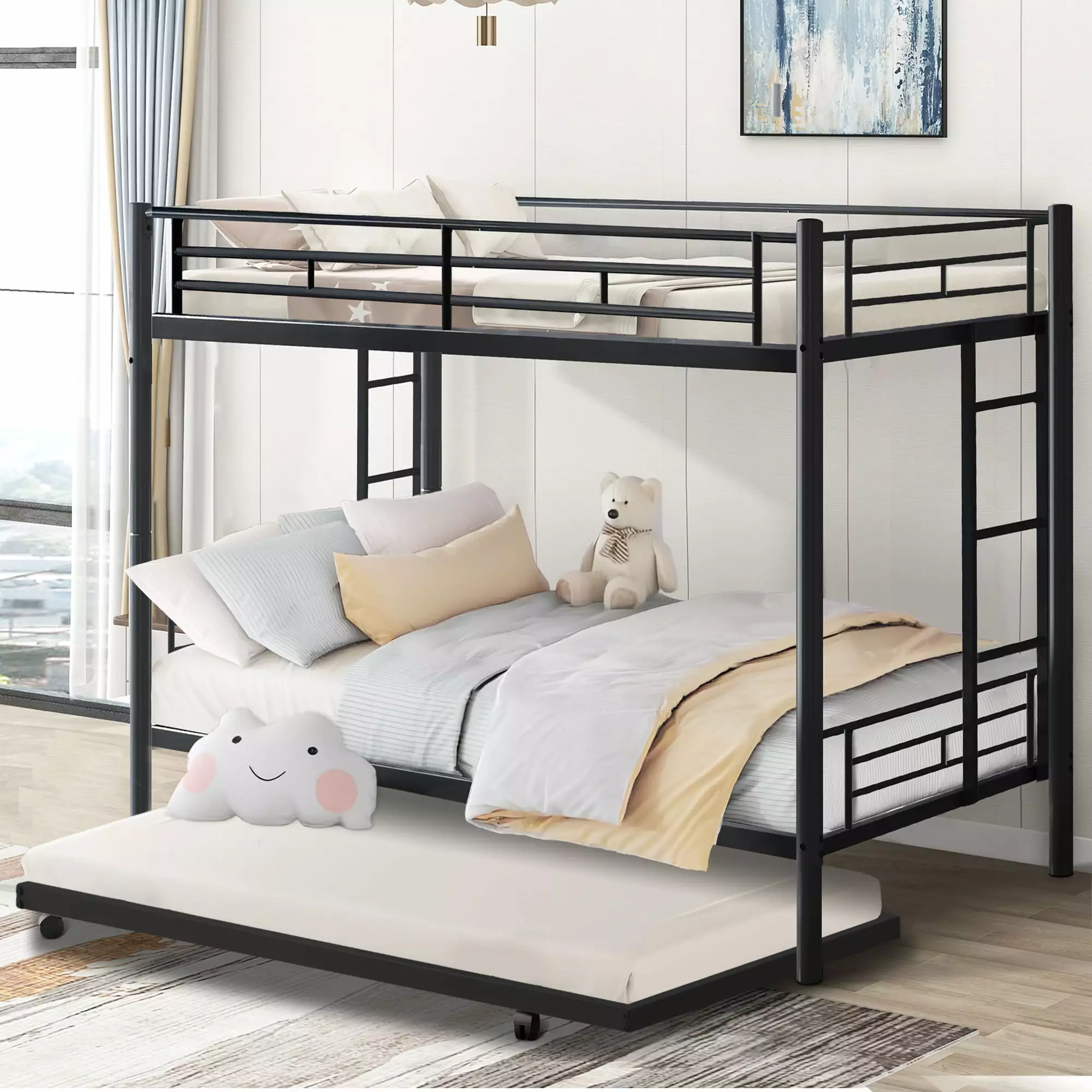 Twin Over Twin Bunk Bed Trundle - Metal Bunk Bed Guard Rail and Ladders Kids Teens Adults - Space-Saving Design Easy Assem...