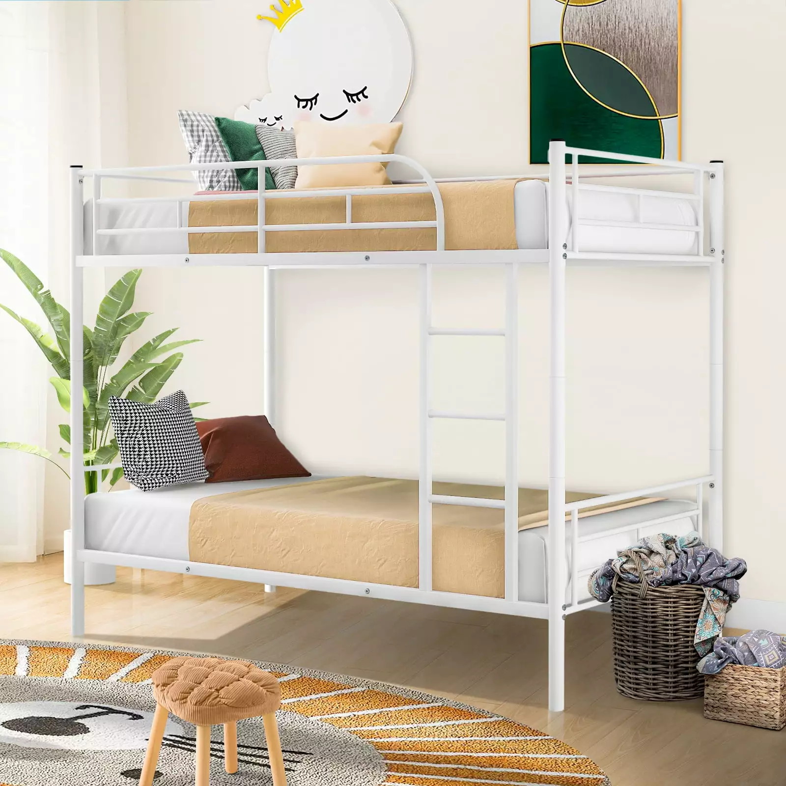 SYNGAR Twin Bunk Bed Frame Kids Teens Twin over Twin Bed Frame Built- Ladder and Guardrail White
